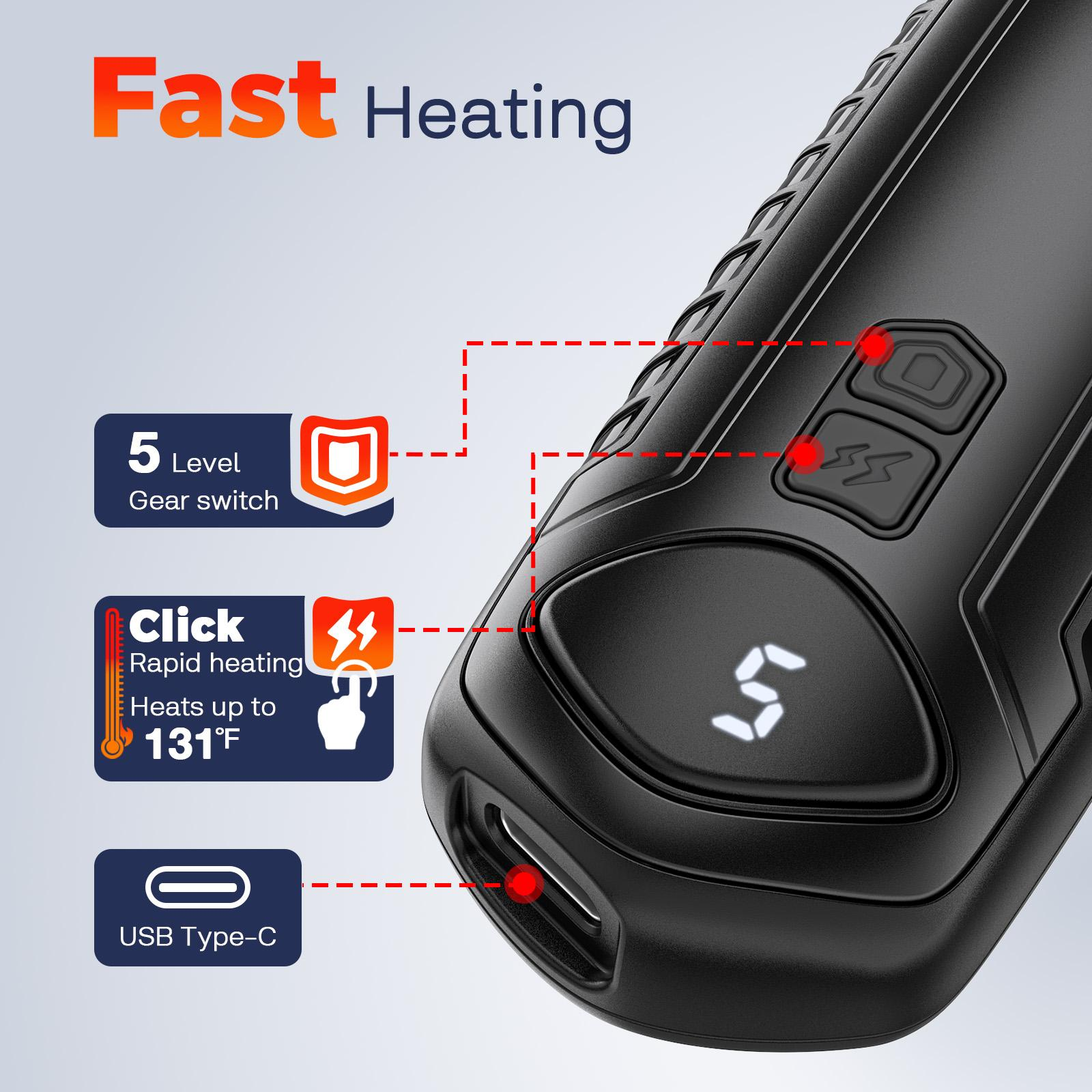 Schwarzes Gerät mit Knöpfen, digitaler Anzeige und USB-C-Anschluss. Text zeigt schnelles Heizen und schnelles Aufheizen bis 131°F.