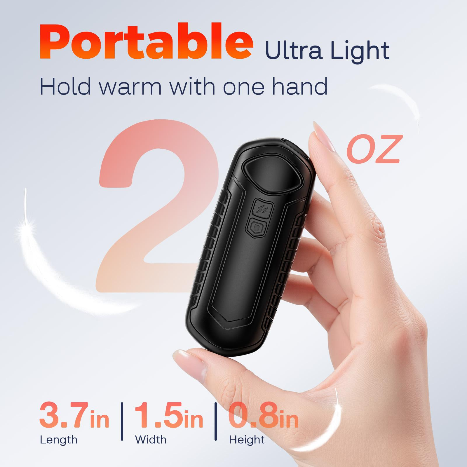 Eine Hand hält ein schwarzes, längliches Gerät. Text sagt 'Portable Ultra Light'. Abmessungen sind 3,7 Zoll, 1,5 Zoll und 0,8 Zoll.