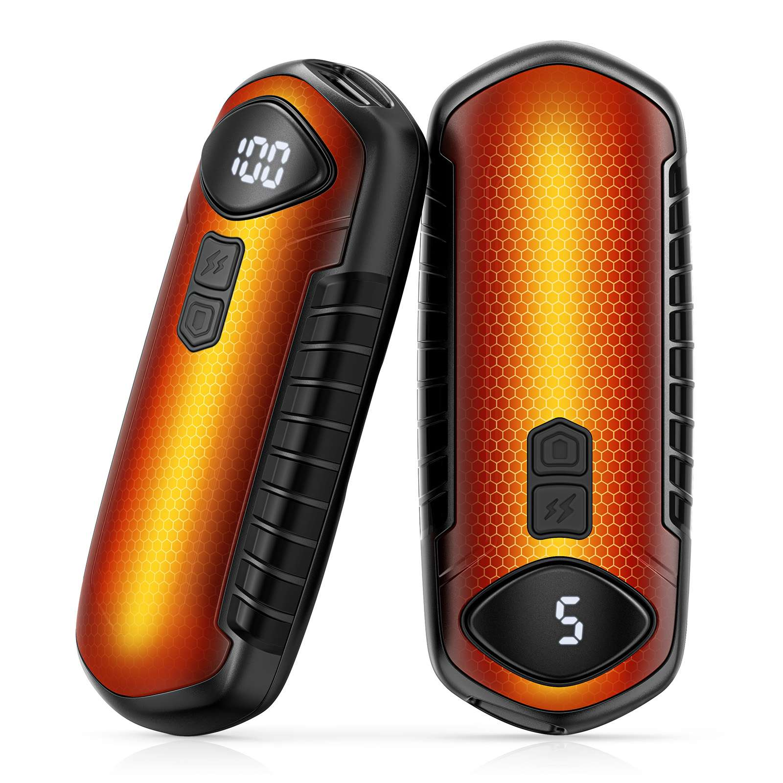 Zwei schwarz-orangefarbene Powerbanks. Jede hat ein digitales Display und Tasten. Der Hintergrund ist weiß.