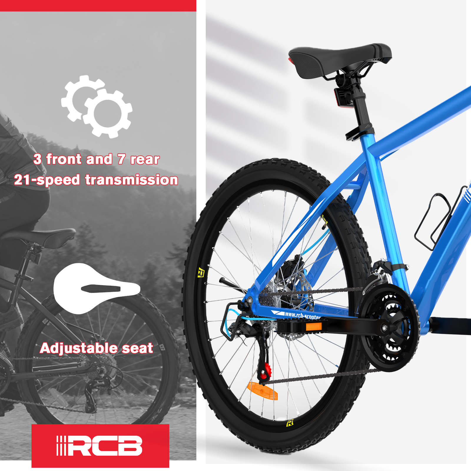 Blaues Fahrrad. Zeigt Hinterrad, Sitz und Rahmendetails. Seitenwand listet Spezifikationen wie 21-Gang-Getriebe.