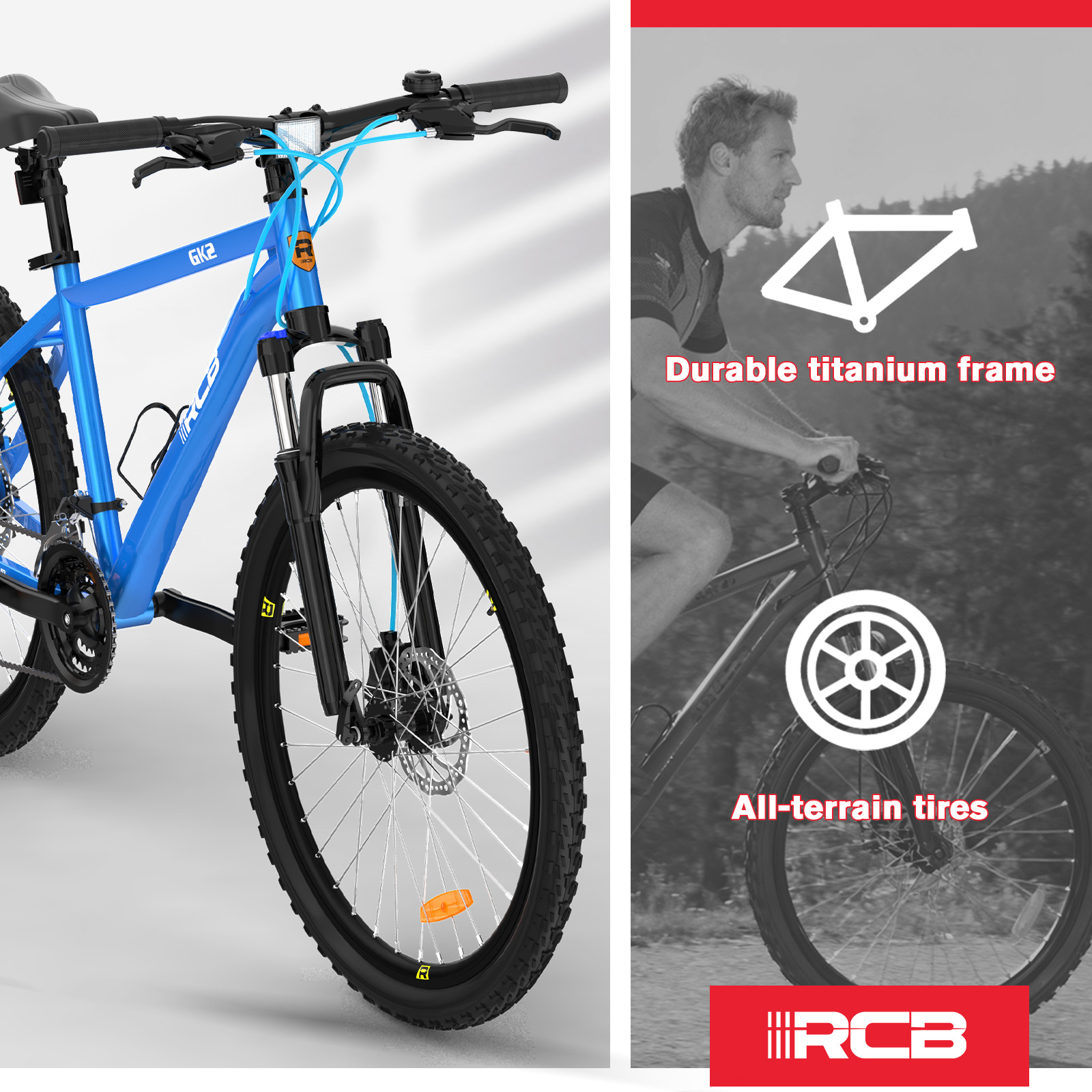 Blaues Mountainbike mit schwarzen Reifen, Scheibenbremsen und einem robusten Titanrahmen. Hintergrund zeigt einen Radfahrer.