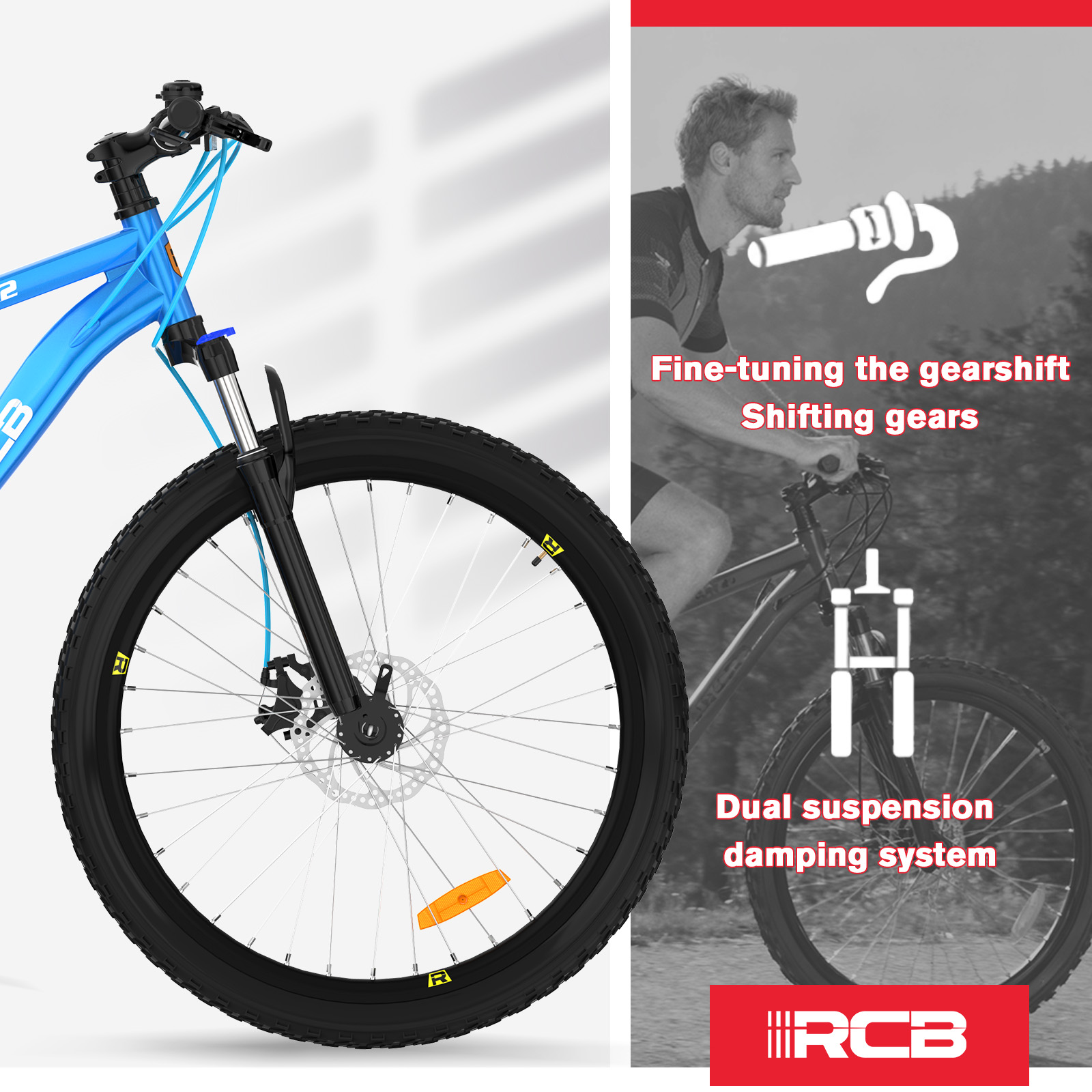 Vorderansicht eines blauen Fahrrads. Rechts ein Radfahrer mit Text: Feinabstimmung der Gangschaltung, Gangwechsel und Federung.