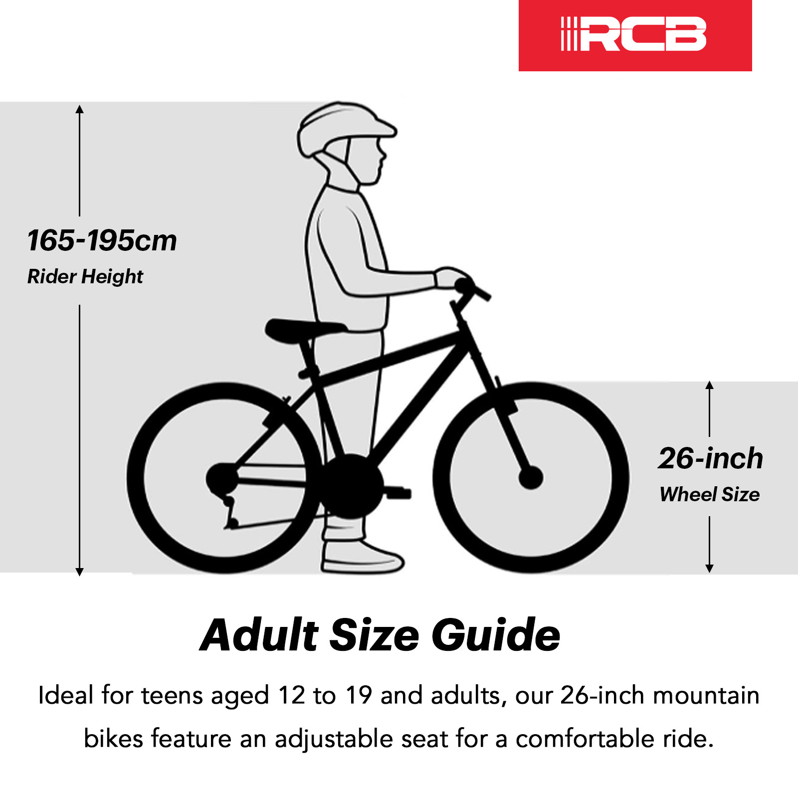 Eine Fahrradgrößenübersicht für Erwachsene. Eine Person wird mit einem Fahrrad gezeigt. Der Höhenbereich beträgt 165-195 cm, die Radgröße 26 Zoll.