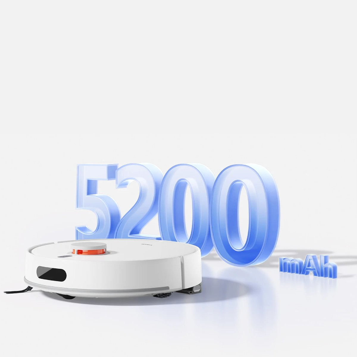 Een witte robotstofzuiger. Achter de blauwe cijfers 5200 en 'mAh'. De achtergrond is wit.