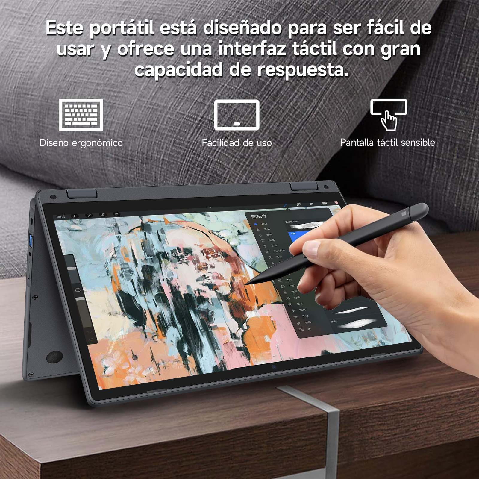 Una tableta con un lápiz óptico, que muestra una aplicación de pintura. Una mano sostiene el lápiz. El fondo es un sofá.