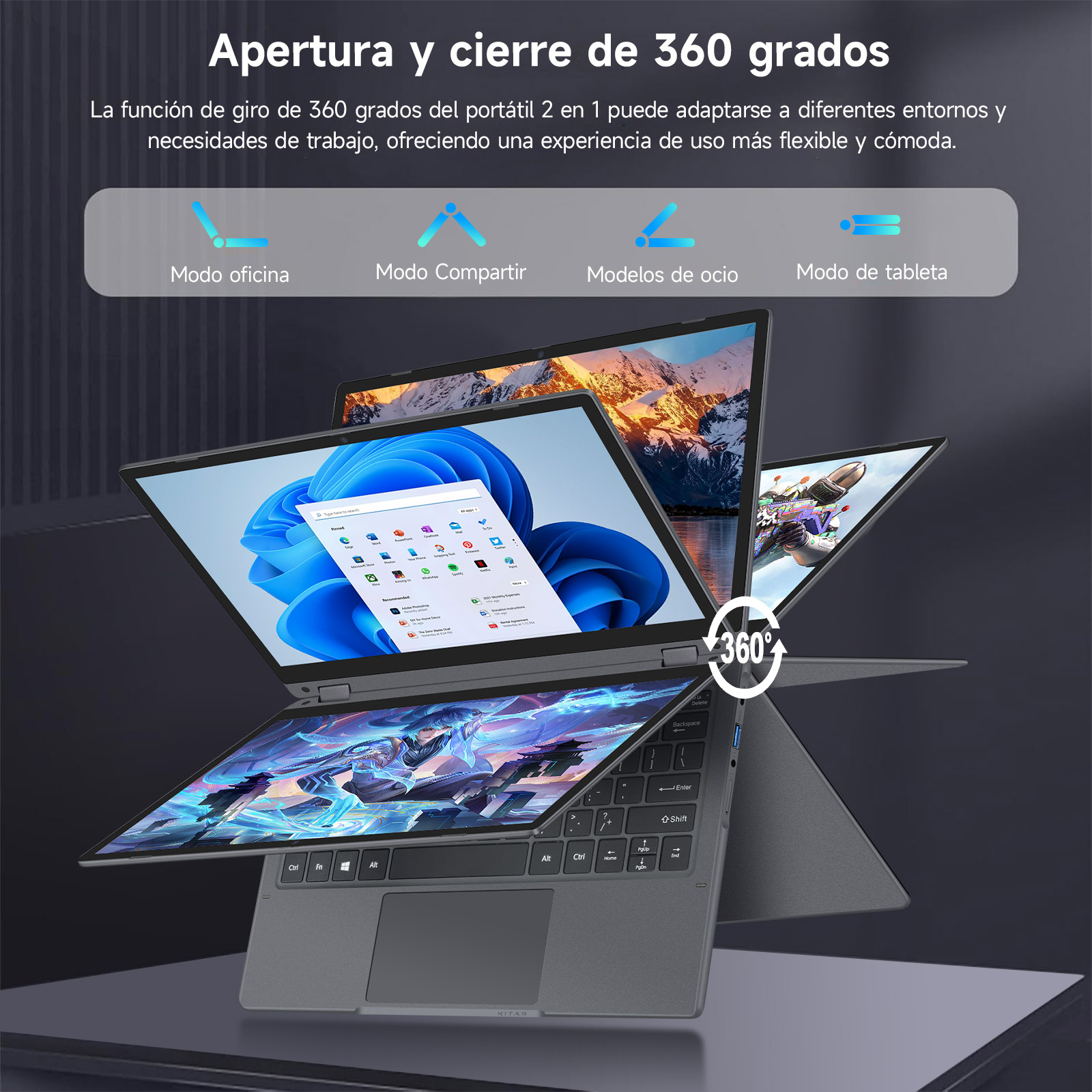 Portátiles en cuatro modos diferentes, que ilustran la rotación de 360 grados. El fondo es gris oscuro.