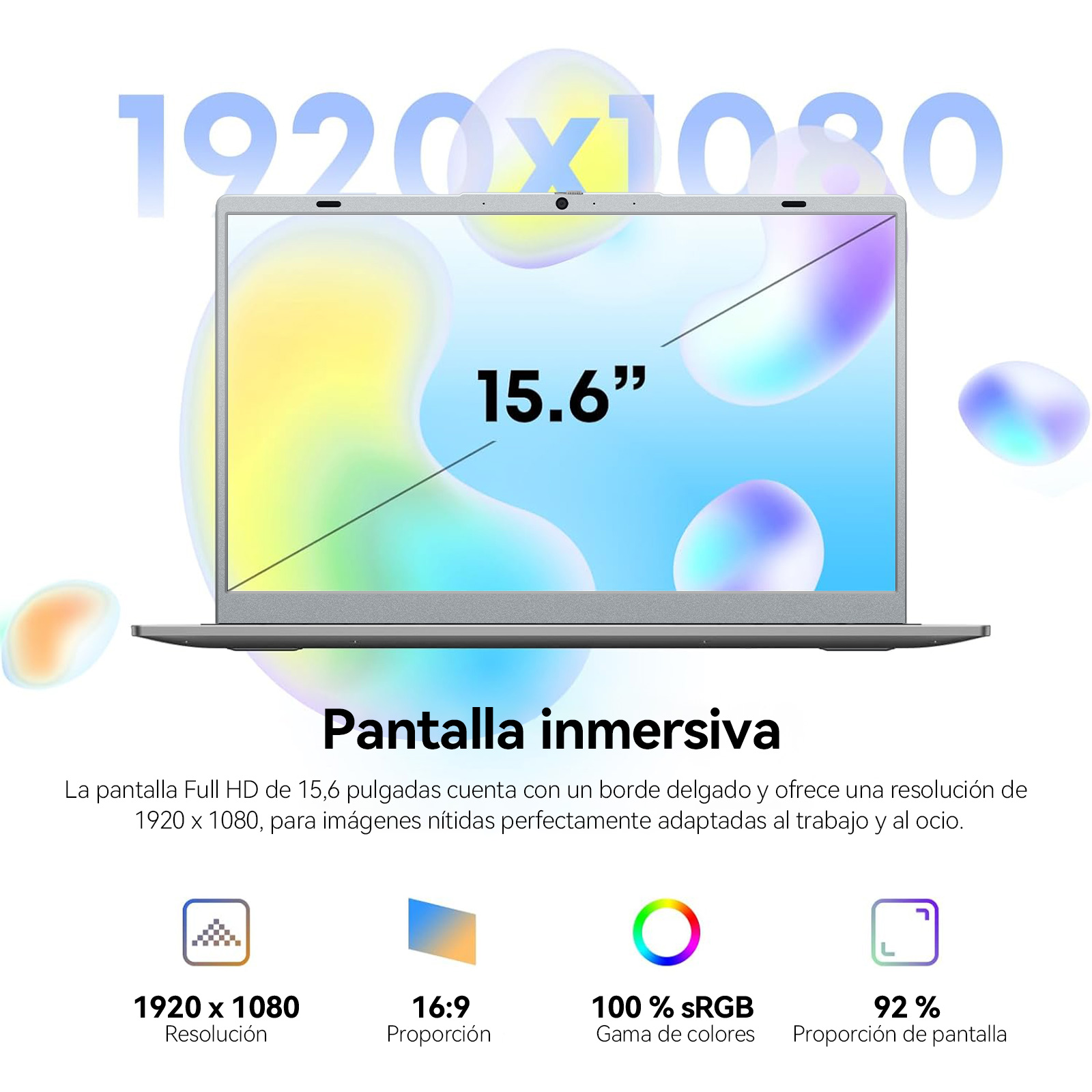 Una pantalla de portátil muestra 15,6 pulgadas y resolución de 1920x1080, con iconos debajo para detalles.