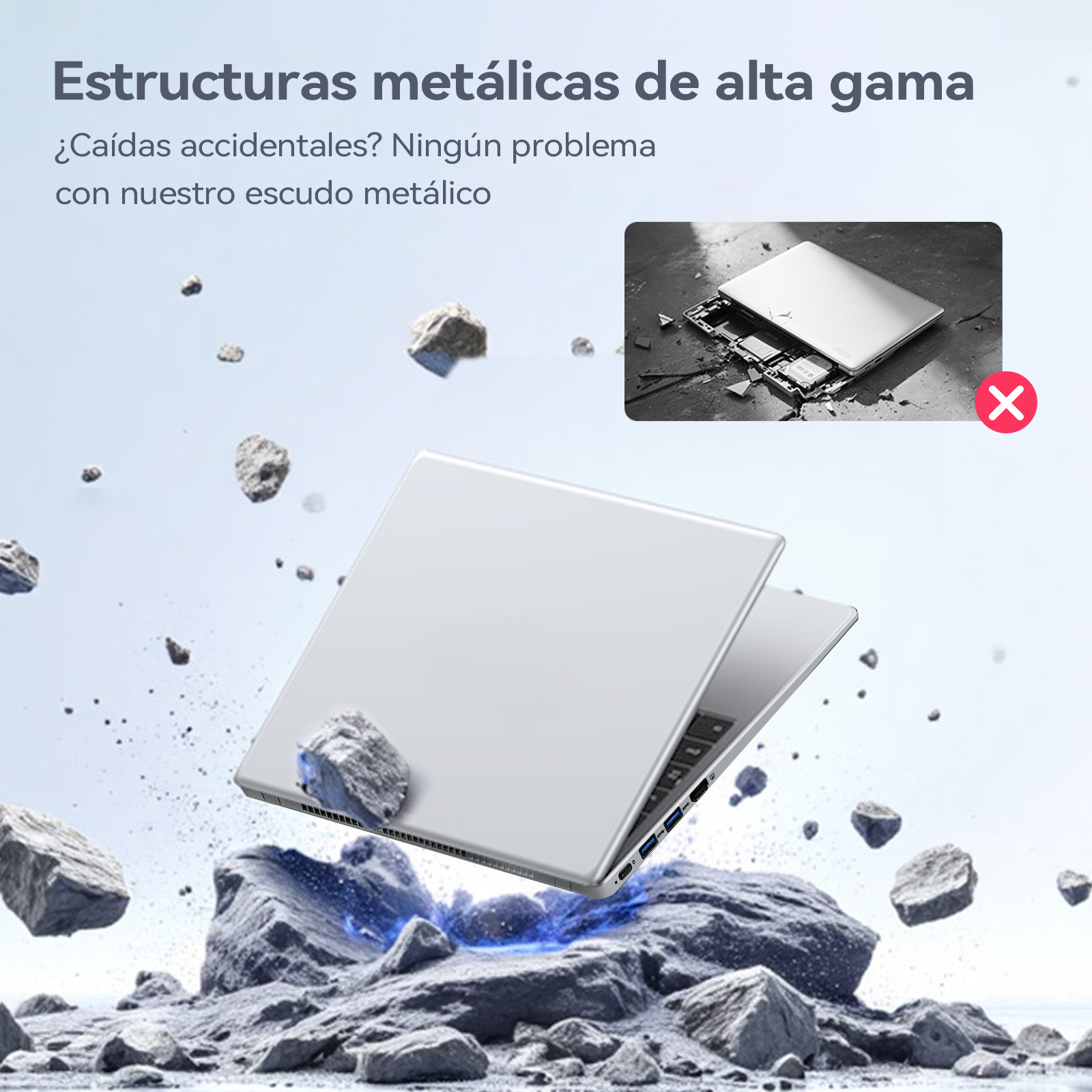 Un portátil rodeado de rocas, sugiriendo durabilidad. Una imagen insertada muestra un portátil dañado con una X roja.