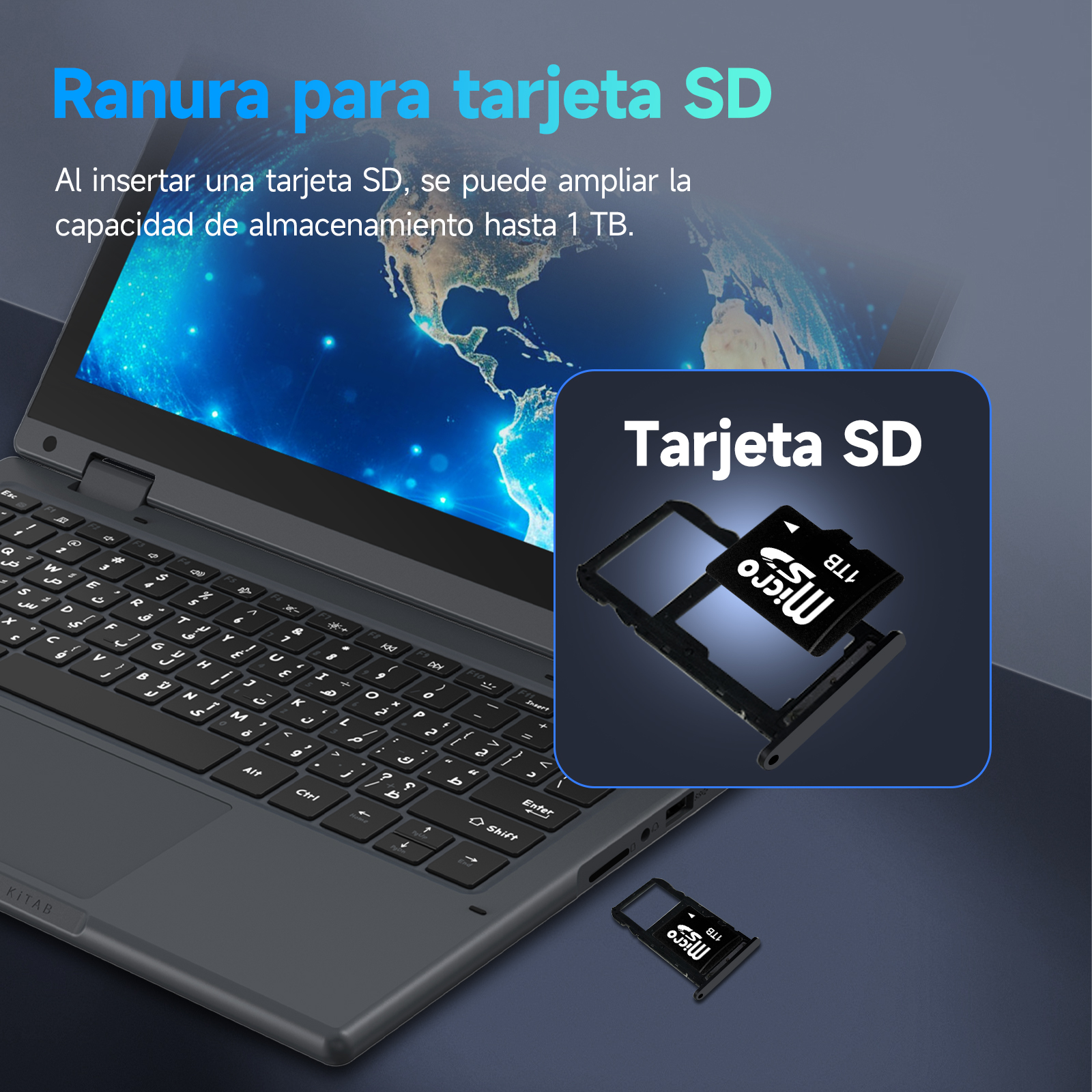 Teclado de portátil con ranura para tarjeta SD. Se muestra una tarjeta junto a la ranura, con un mapa mundial de fondo.