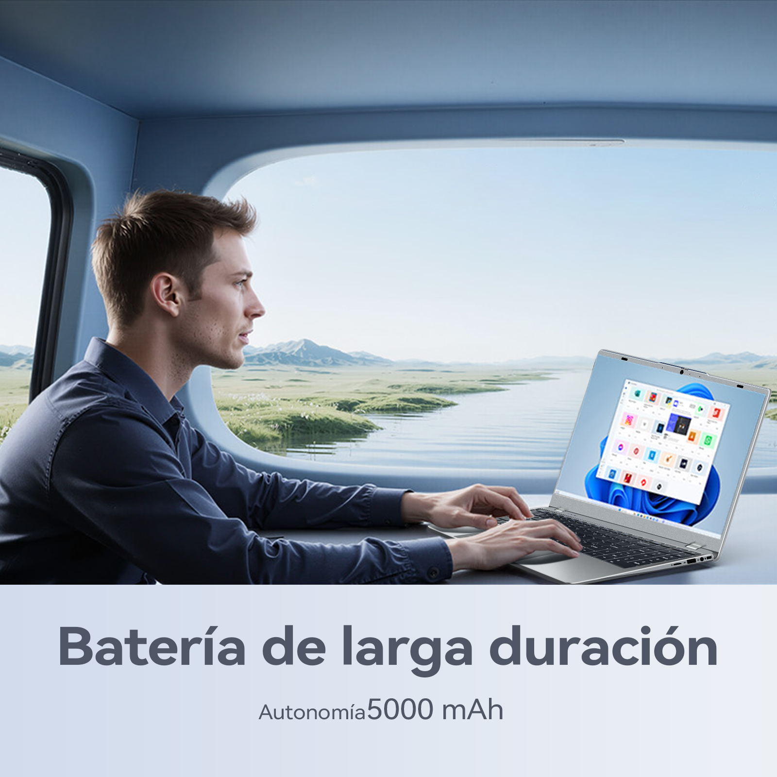 Un hombre con camisa azul usa una laptop cerca de una ventana, con montañas y agua de fondo.