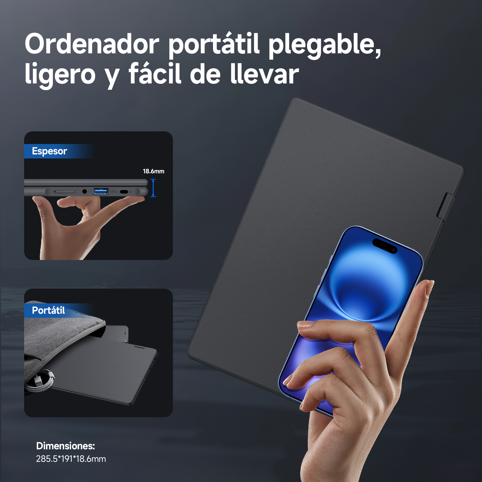 Se muestra un portátil plegable con un teléfono. El teléfono es azul y lo sostiene una mano. El portátil es gris.