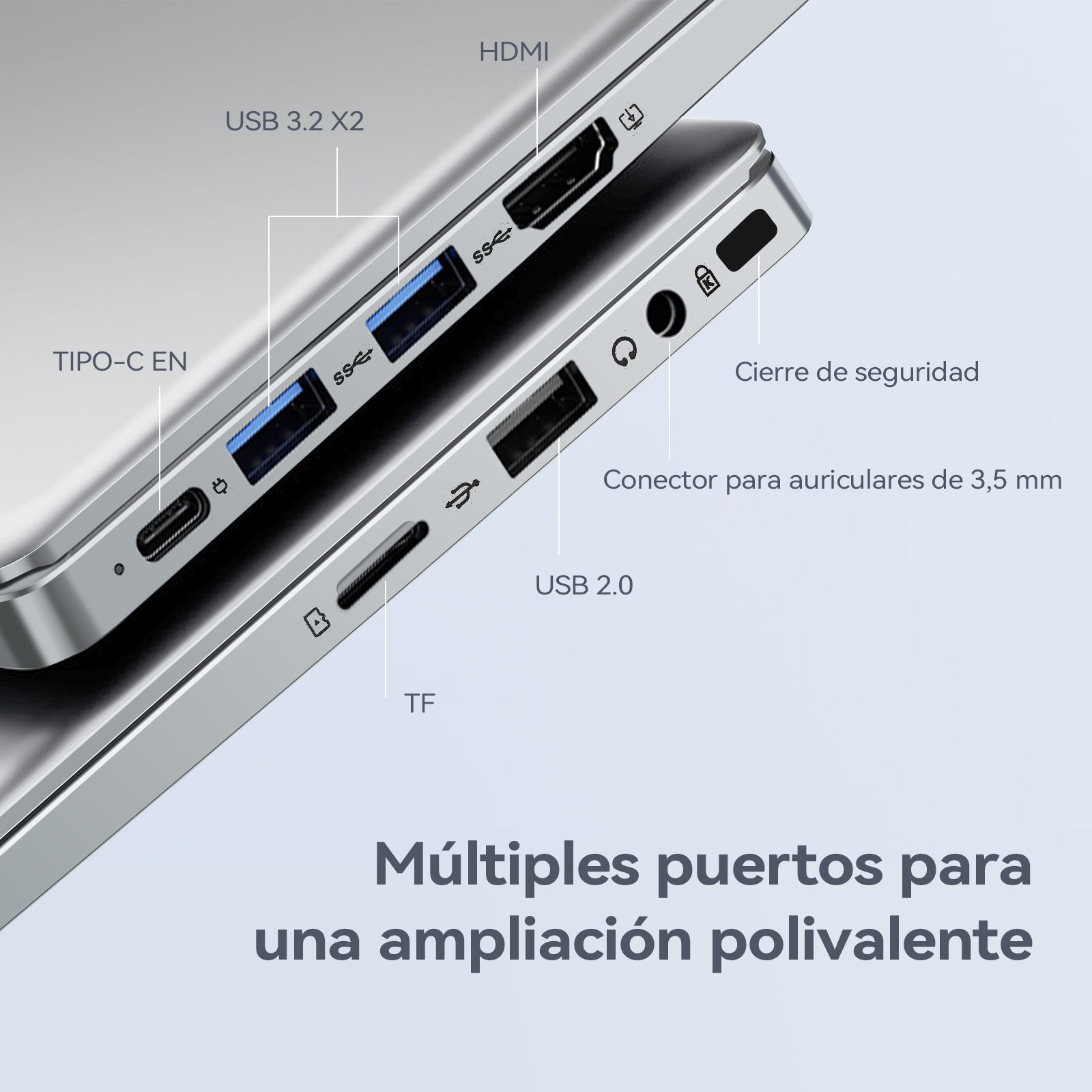 Puertos de portátil: USB, HDMI, conector de audio y otros. Portátil plateado con múltiples puertos para expansión versátil.