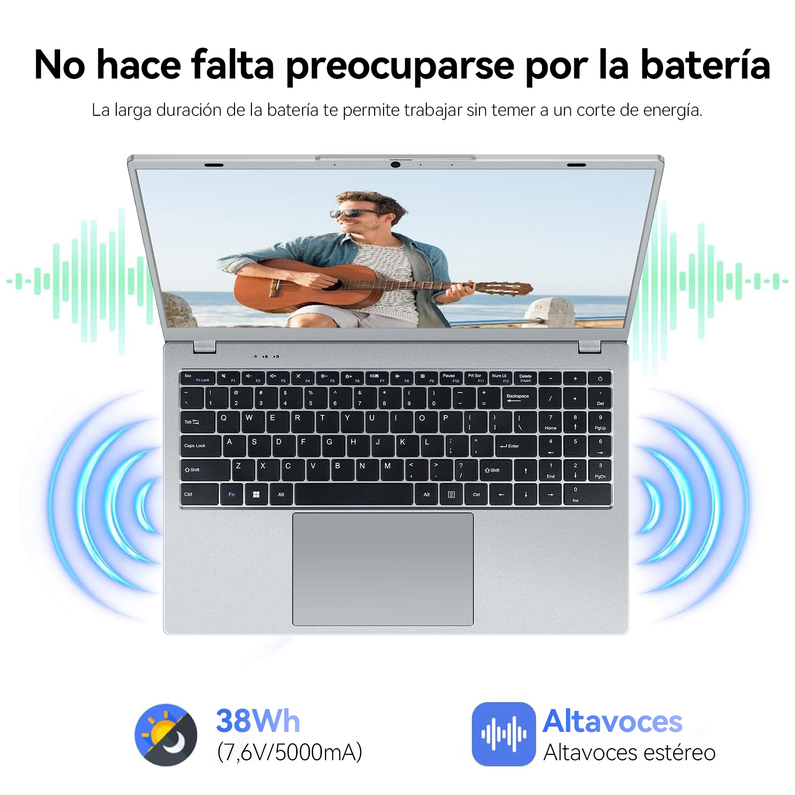Un portátil con una pantalla que muestra a un hombre tocando la guitarra. Texto: Larga duración de la batería. Abajo: icono de batería e icono de altavoz.