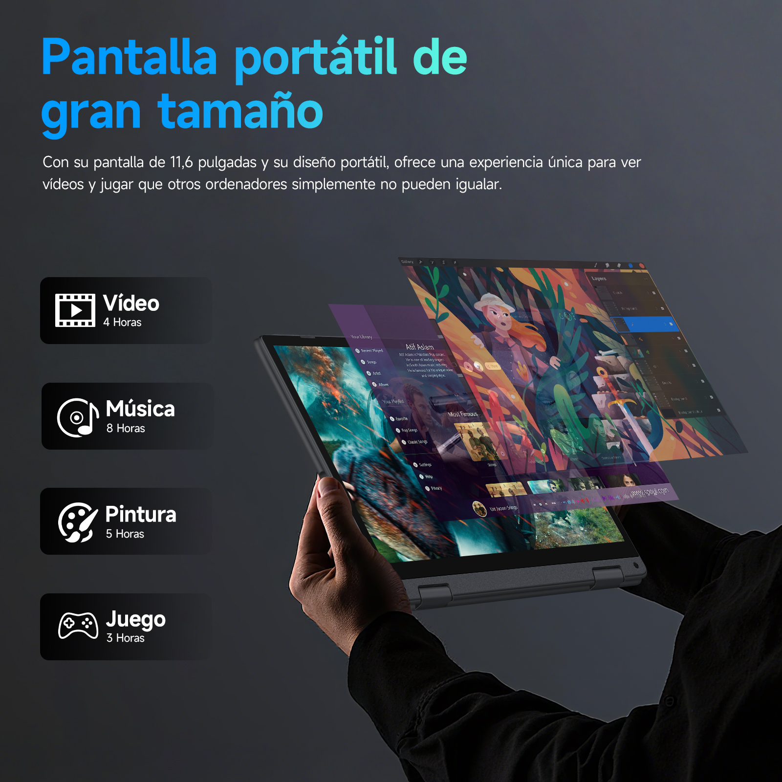 Una persona sostiene una tableta que muestra aplicaciones multimedia. Superposición de texto que dice 'Pantalla portátil' e iconos de aplicaciones.