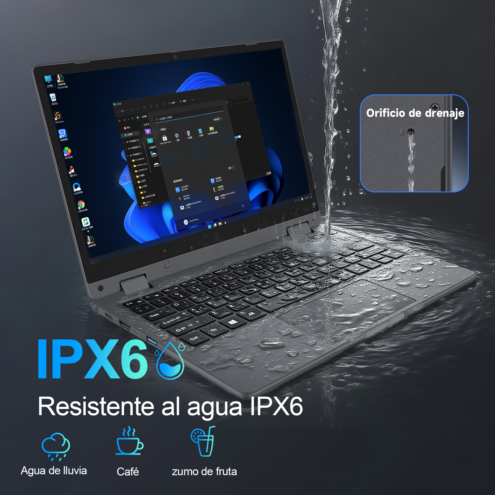 Un portátil con agua cayendo sobre él. La pantalla muestra iconos de software. Es resistente al agua IPX6.