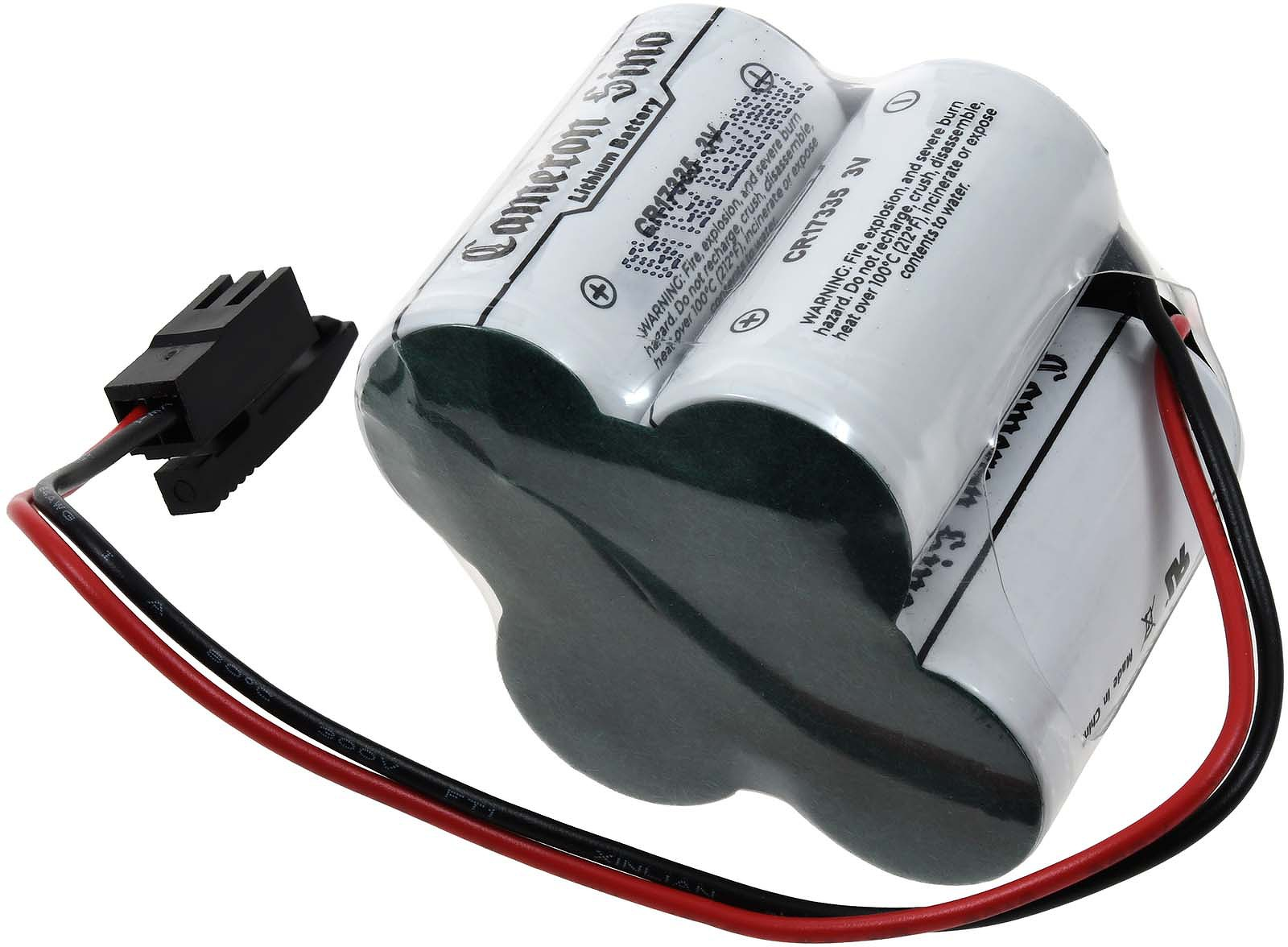 Un paquete de baterías con dos baterías cilíndricas blancas, cables negro y rojo, y un conector negro. Las etiquetas son visibles.