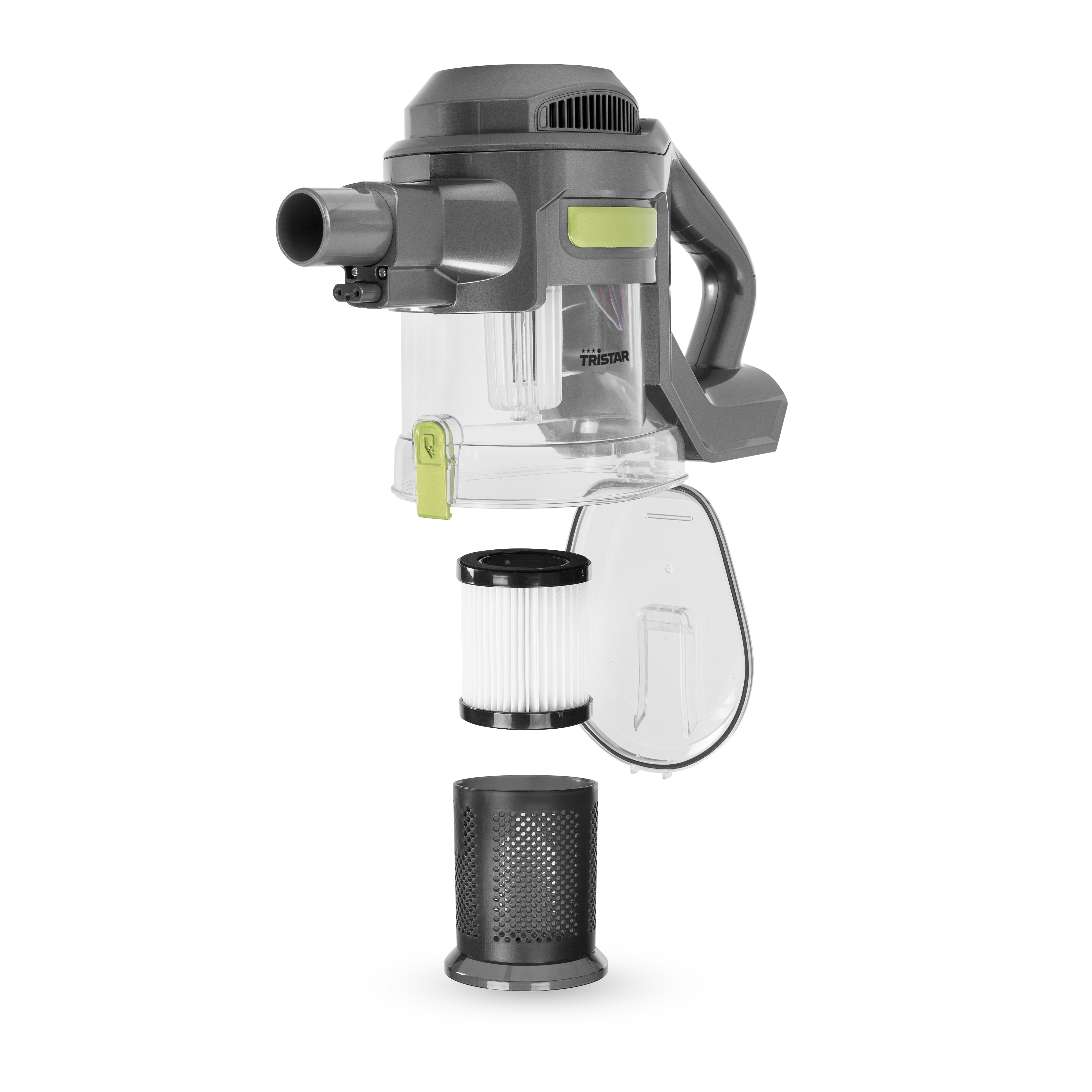 Aspirapolvere cordless grigio e trasparente, smontato. Include filtro, serbatoio polvere e motore.