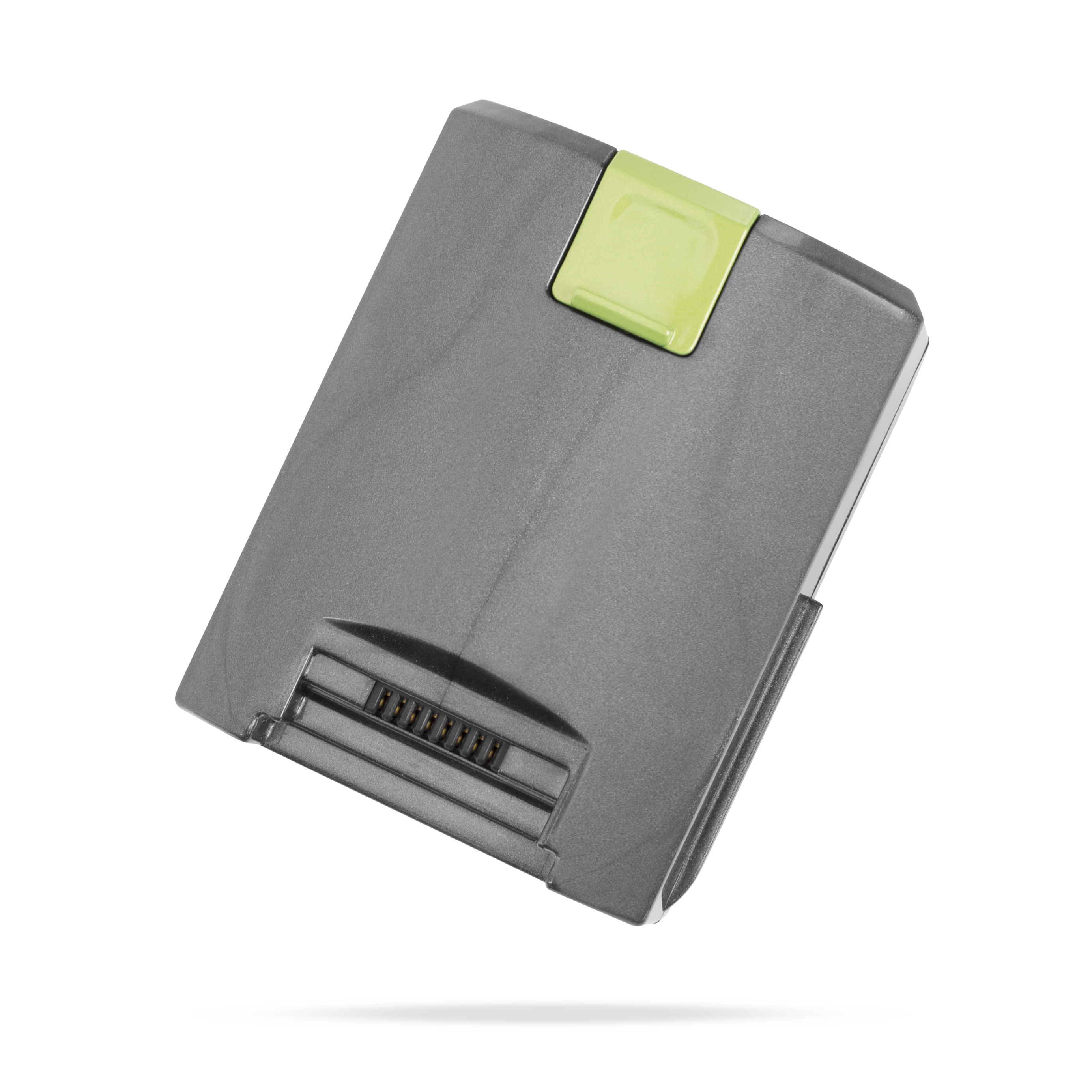 Un dispositivo rettangolare grigio con parte superiore verde e connettore inferiore, su sfondo bianco.