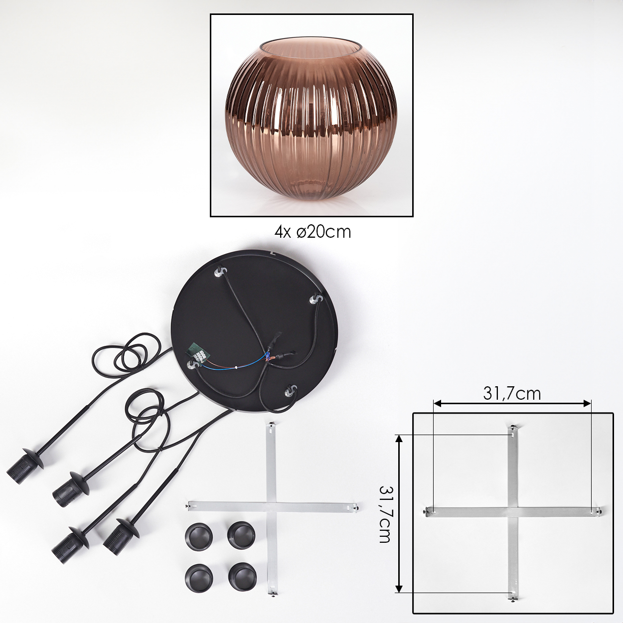 Eine zerlegte Lampe mit rundem Glasschirm. Enthält einen schwarzen Sockel, Drähte, Fassungen, Metallhalterungen und Befestigungsmaterial.