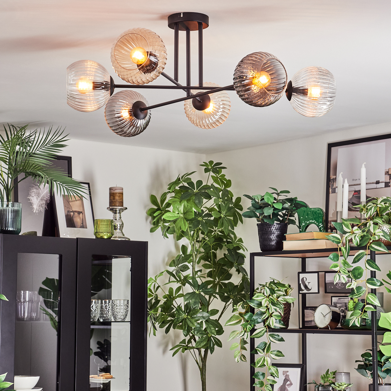 Ein modernes Wohnzimmer mit Kronleuchter, Pflanzen und schwarzen Regalen. Der Kronleuchter hat Glaskugeln. Pflanzen sind in Töpfen, Bilder auf Regalen.