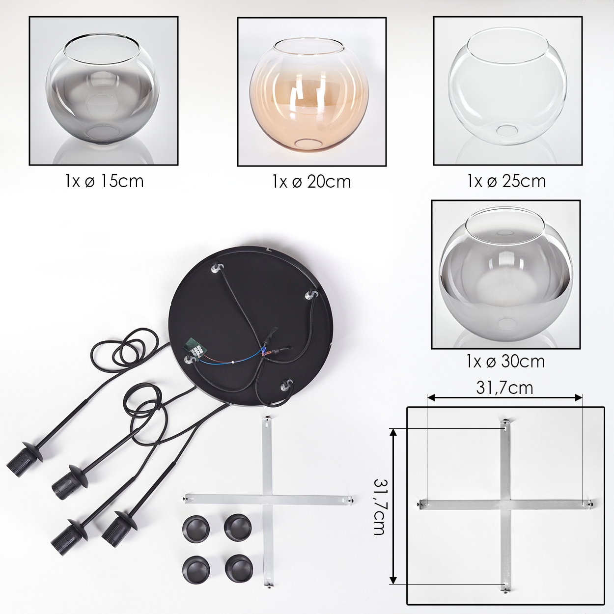 Das Bild zeigt Glasschalen in verschiedenen Größen, eine schwarze kreisförmige Basis mit Drähten und Metallstützstangen. Komponenten für eine Leuchte.