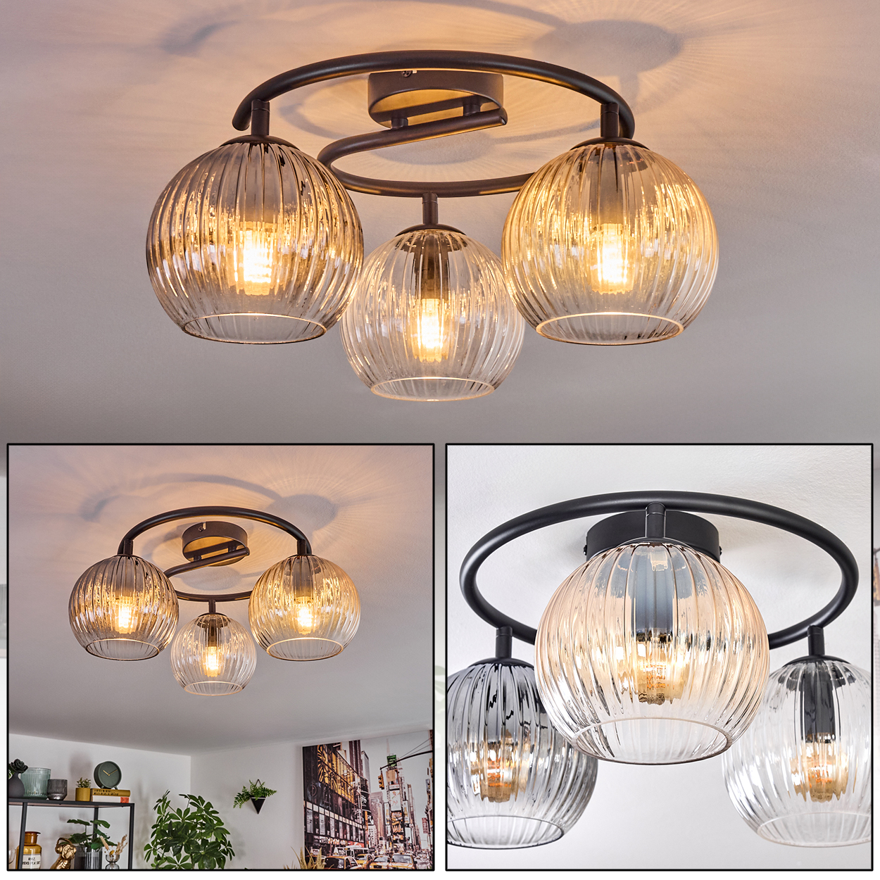 Eine moderne Deckenlampe mit drei Glaskugelschirmen. Die Schirme sind gerippt und geben warmes Licht ab. Die Halterung ist schwarz.