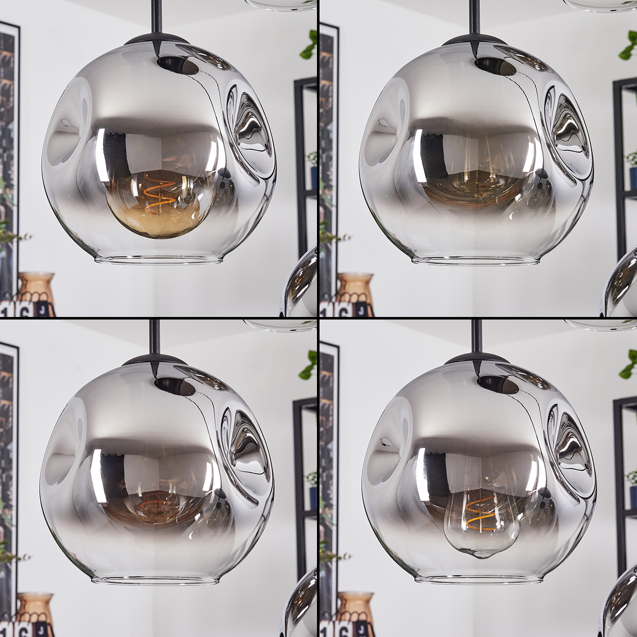 Vier moderne Pendelleuchten mit strukturierten Glasschirmen und sichtbaren Glühbirnen. Hintergrund mit Regalen und Dekoration.