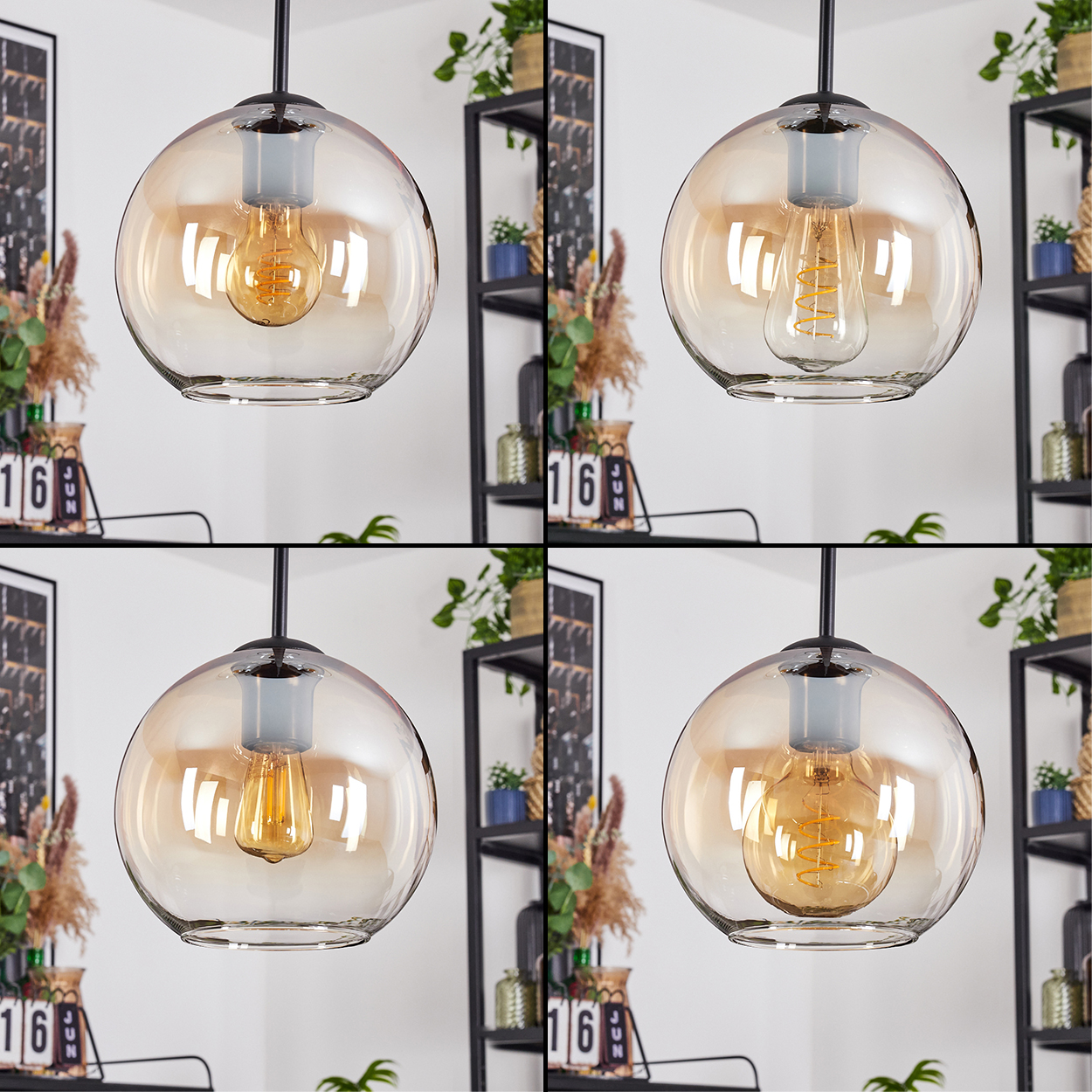 Vier Pendelleuchten aus bernsteinfarbenem Glas mit verschiedenen Glühbirnen werden gezeigt. Regale mit Pflanzen, einem Kalender und Dekorationen sind im Hintergrund.