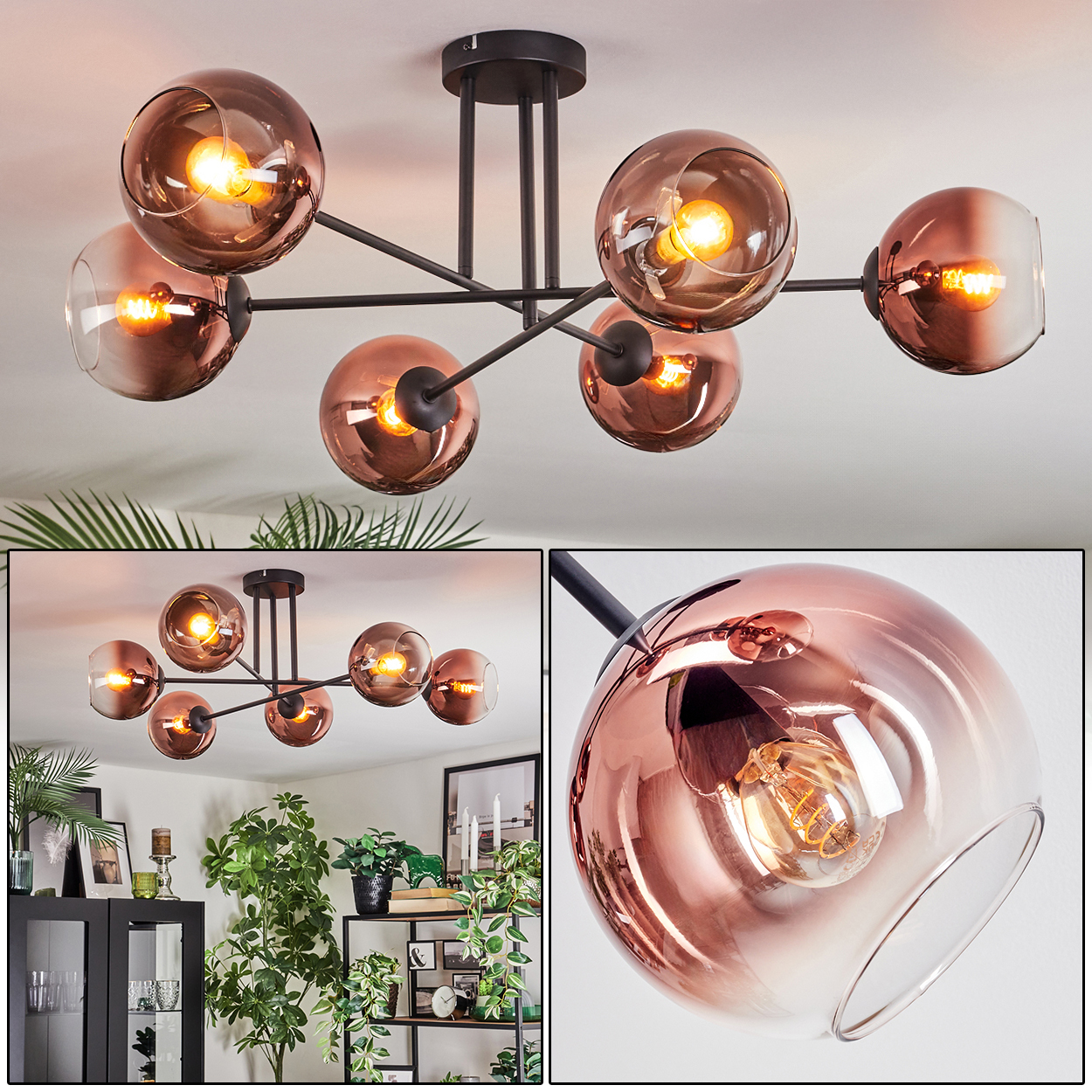 Eine moderne Deckenlampe mit sieben kugelförmigen, kupferfarbenen Glasschirmen. Jeder Schirm beherbergt eine helle Glühbirne. Die Halterung ist schwarz.