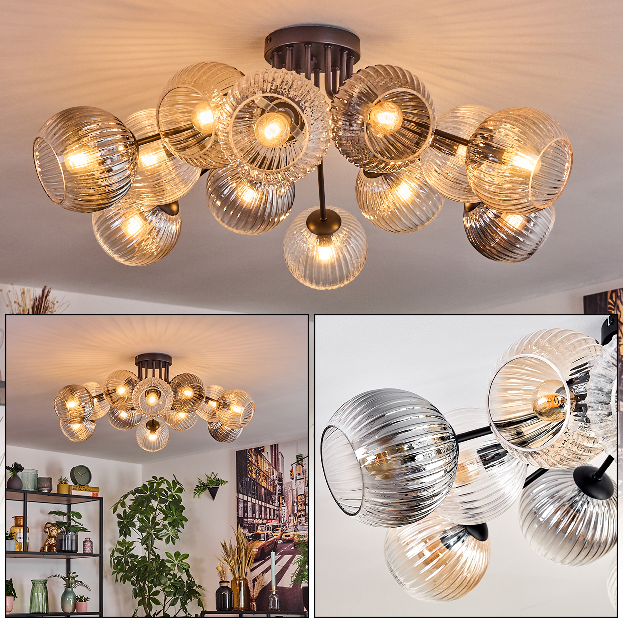 Eine moderne Deckenleuchte mit mehreren Glaskugeln. Jede Kugel hat ein geripptes Design und enthält eine Glühbirne, die ein warmes Licht abgibt.