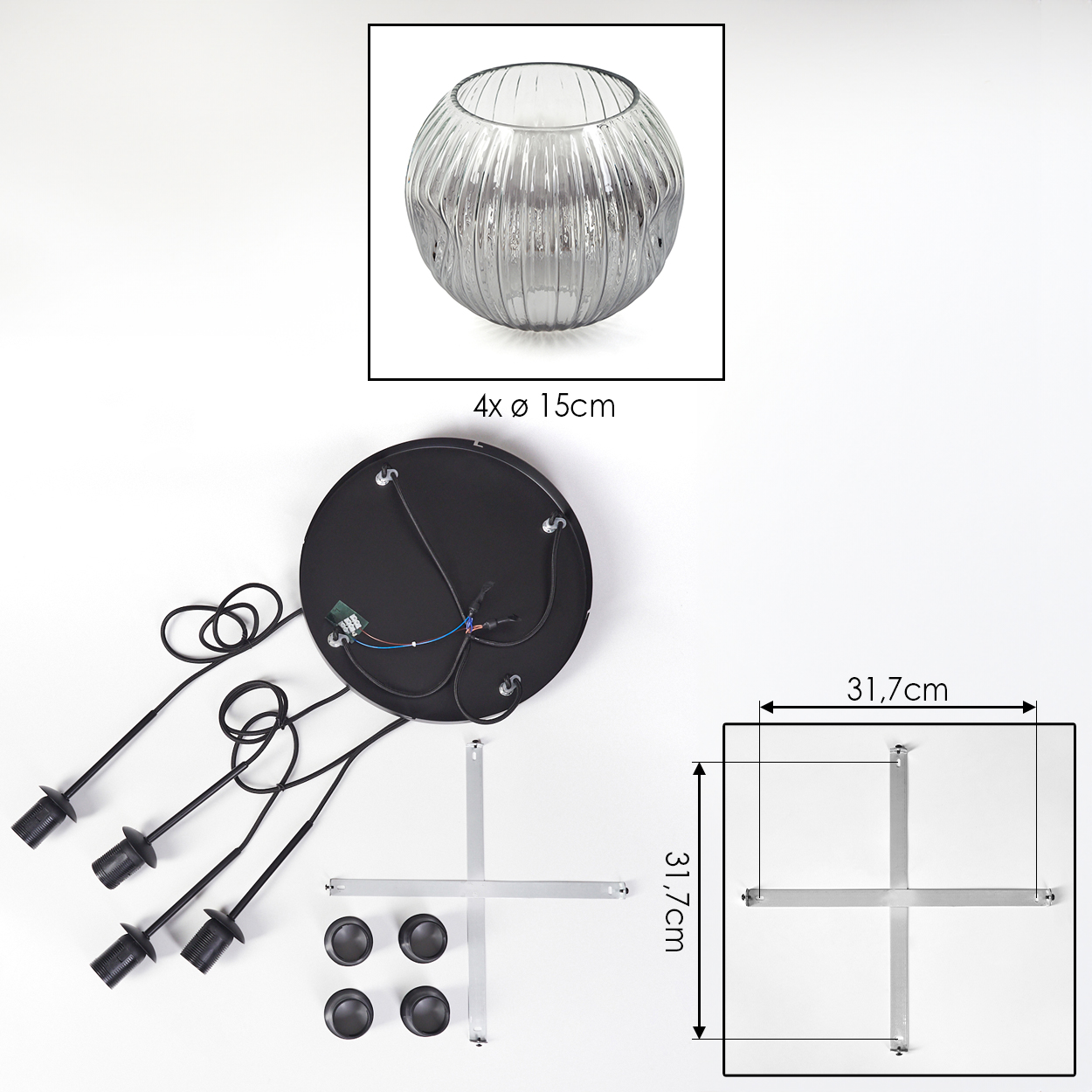 Eine zerlegte Lampe mit rundem Glasschirm. Enthält einen Sockel, Drähte, Fassungen, Metallstützen und Abmessungen.
