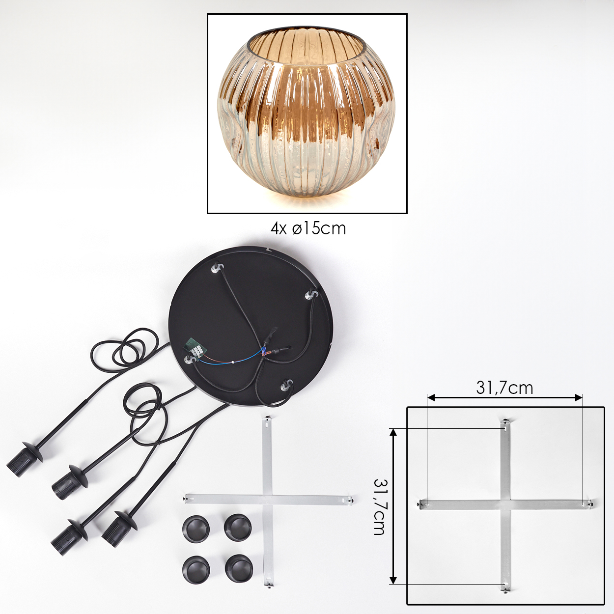 Komponenten der Deckenleuchte: Glaskugel, schwarze Basis, Drähte, Fassungen, Metallstützen und Maßdiagramme auf weißem Hintergrund.