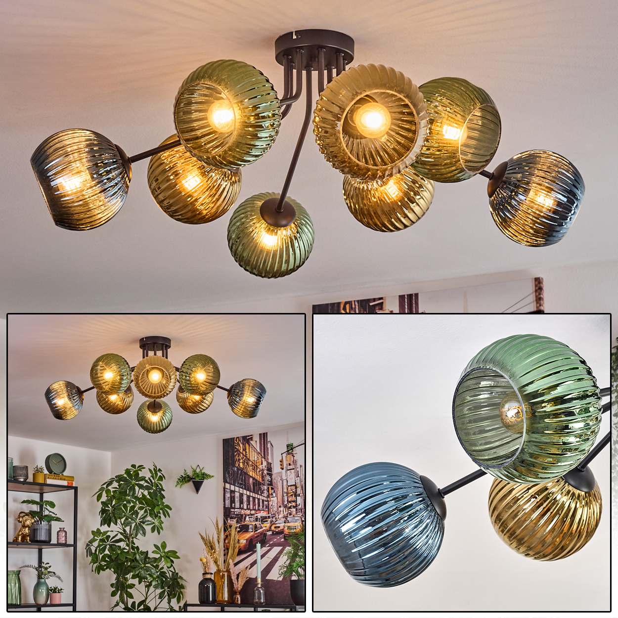 Eine moderne Deckenleuchte mit mehreren Glaskugelschirmen in Grün-, Gold- und Blautönen. Das Licht ist an und beleuchtet den Raum.