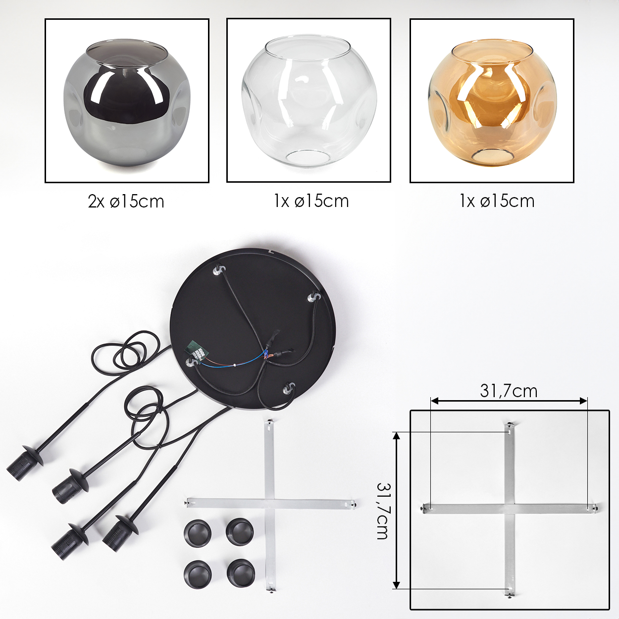 Das Bild zeigt Lampenteile: drei Glasschalen, eine schwarze Basis, Drähte und Metallstützen. Abmessungen sind ebenfalls angegeben.