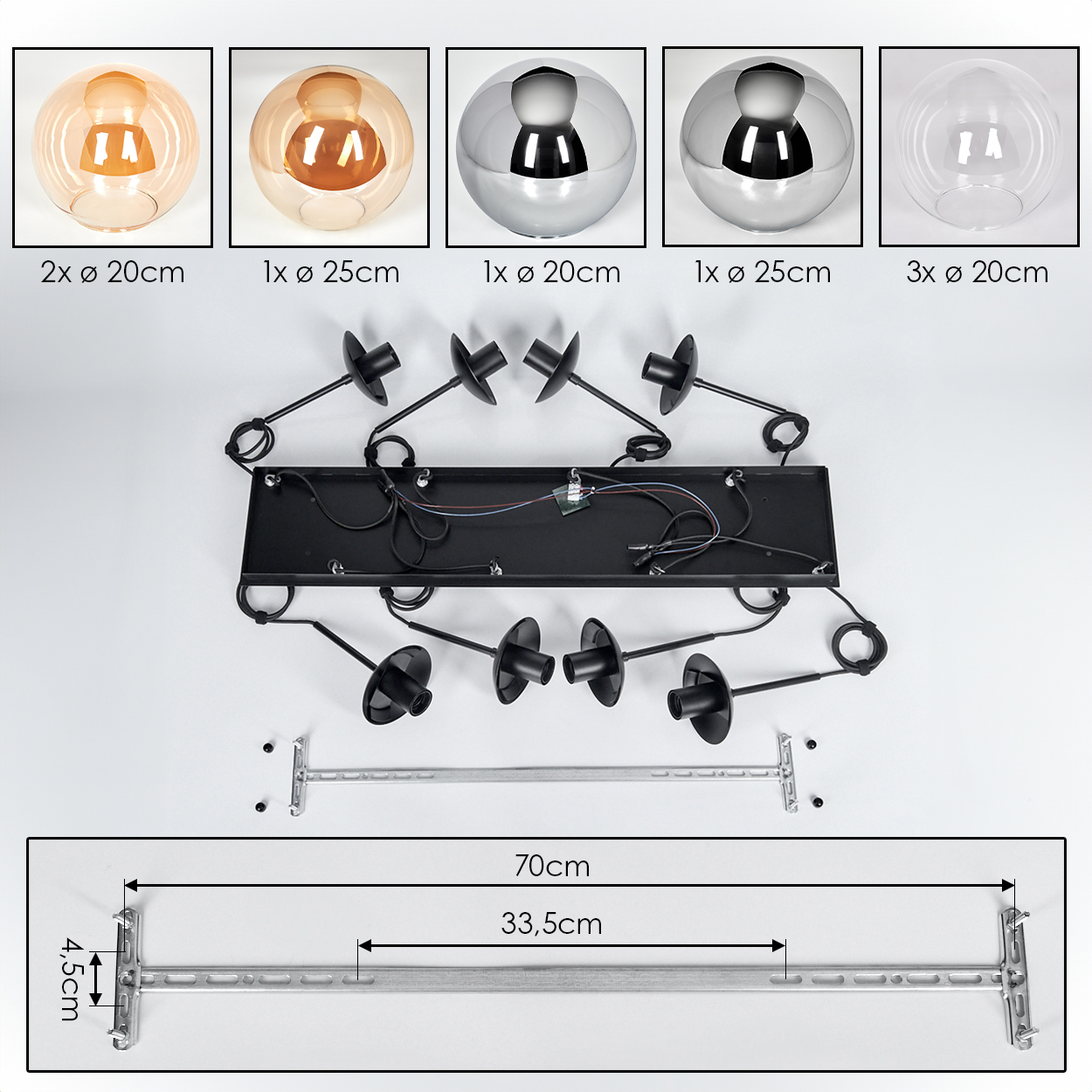 Eine zerlegte Deckenleuchte mit Glaskugeln, schwarzer Basis und Metallhalterungen. Abmessungen sind angegeben.