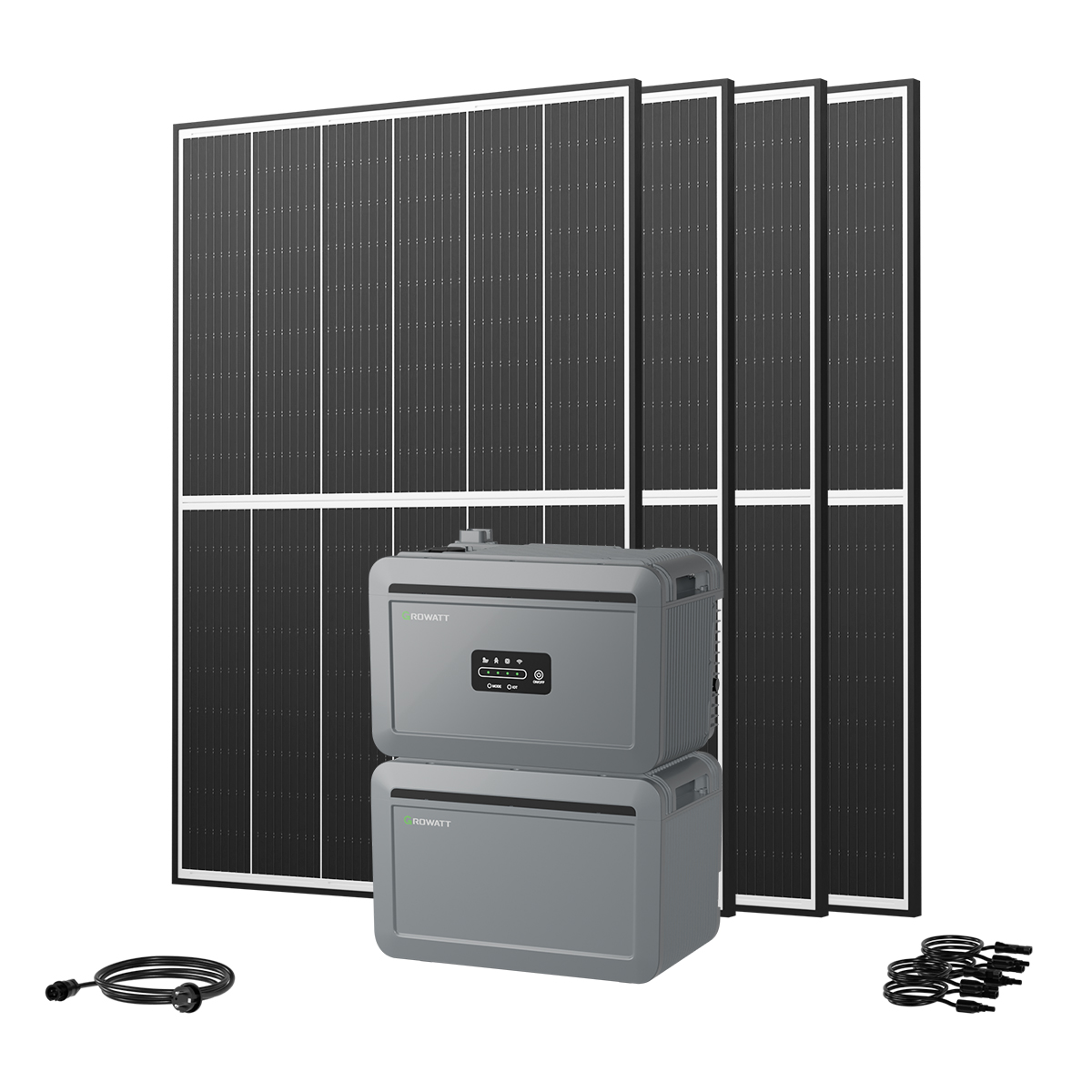 Solarmodule mit grauem Batteriespeichersystem und Kabeln. Die Module sind schwarz mit weißen Rahmen. Das System hat ein Rowatt-Logo.