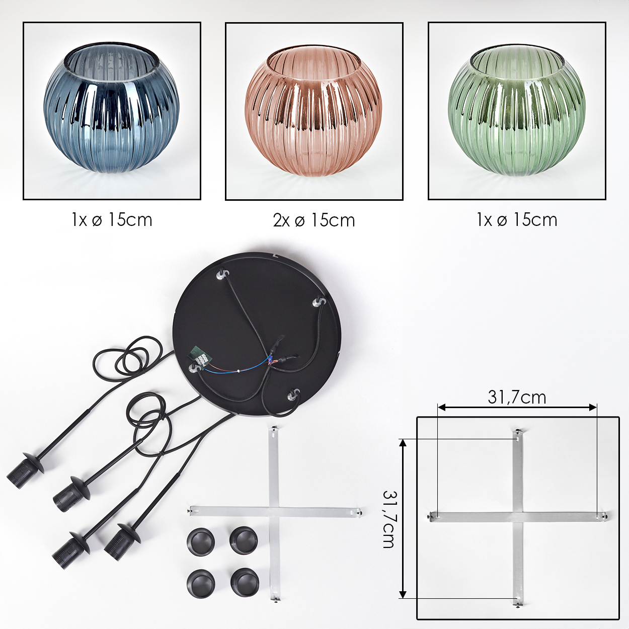 Drei Glasschalen, schwarze Deckenplatte, Lampenfassungen, Befestigungsmaterial und Maße in cm. Schalen sind blau, rosa und grün.