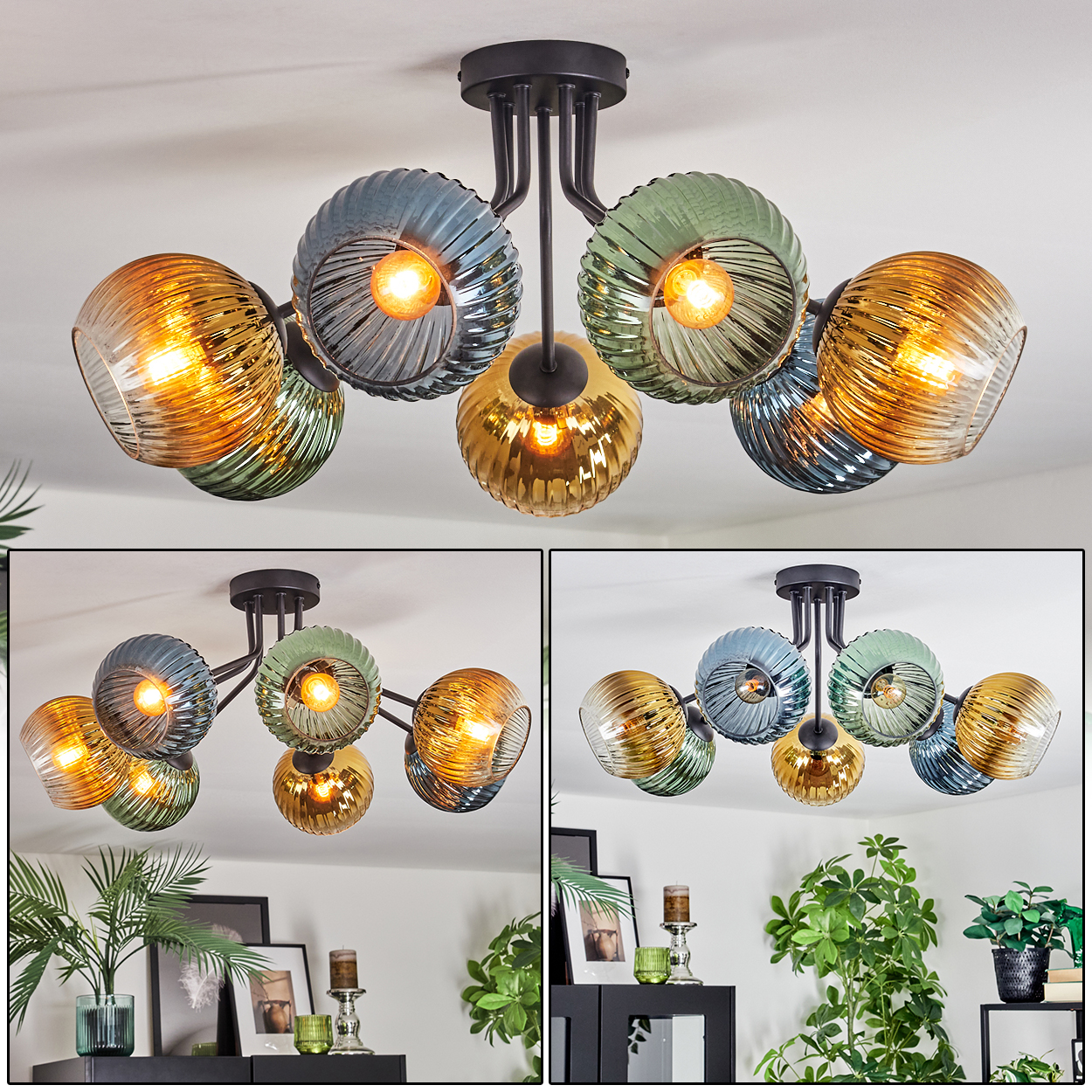 Eine moderne Deckenlampe mit sechs farbigen Glasschirmen. Die Schirme sind gelb, grün und blau. Die Lampe ist an einer schwarzen Halterung befestigt.