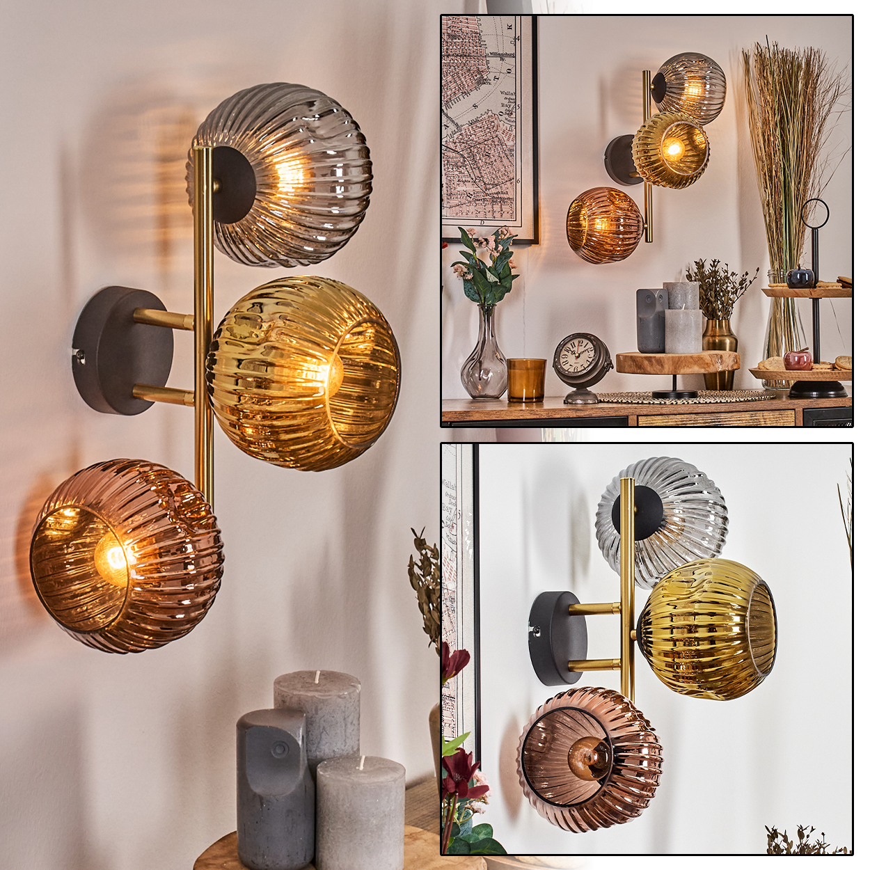 Wandleuchten mit drei Kugellampen in verschiedenen Farben sind an einer Wand montiert. Kerzen und andere Dekorationen befinden sich im Hintergrund.