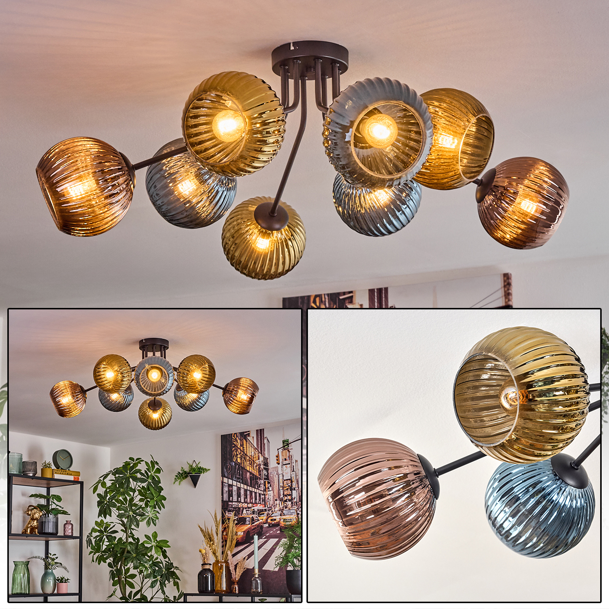 Eine moderne Deckenlampe mit Glaskugeln in Gold-, Blau- und Kupfertönen. Sie befindet sich an einer weißen Decke. Der Hintergrund zeigt einen Raum.