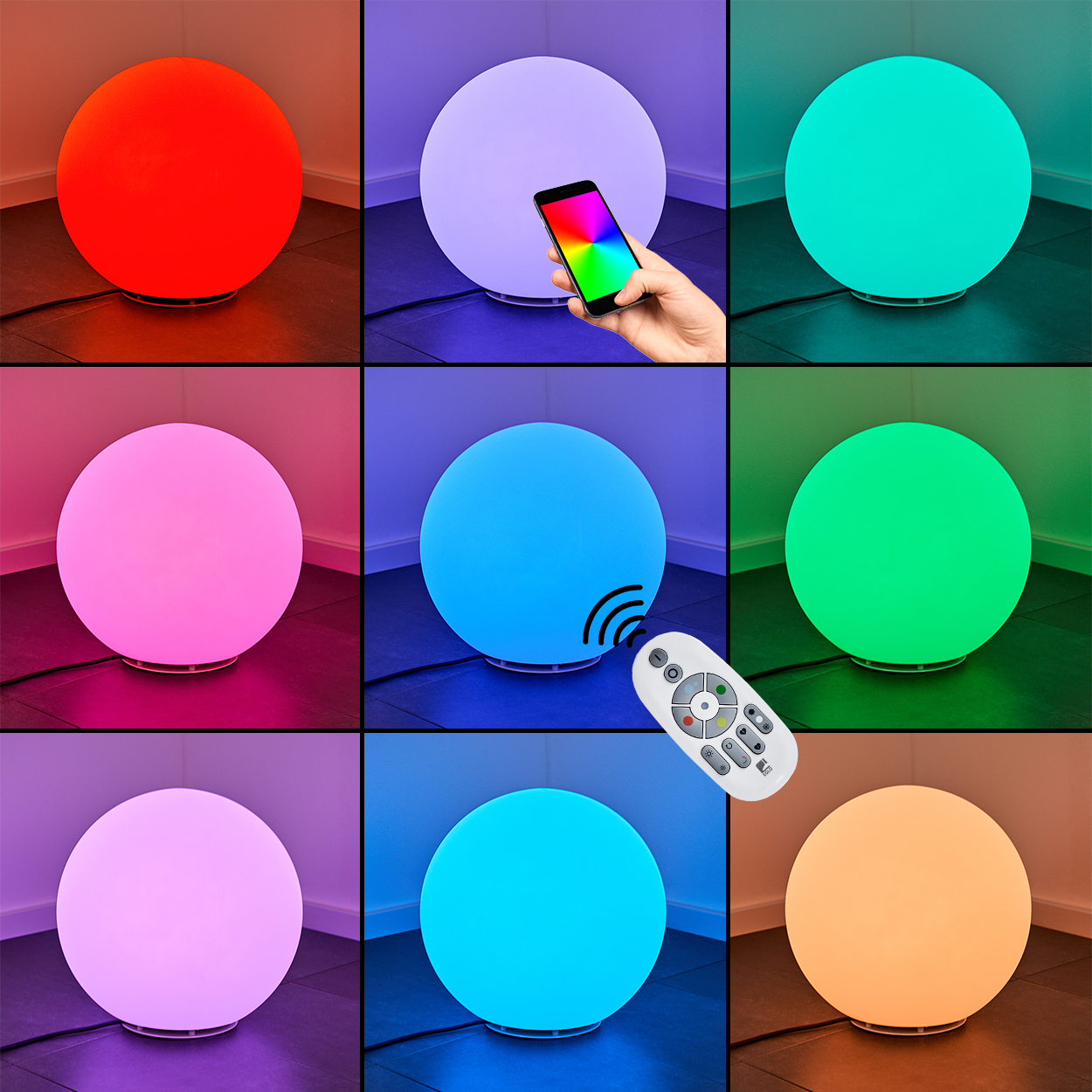 Neun farbenfrohe, leuchtende Kugellampen. Einige werden per Telefon und Fernbedienung gesteuert. Farben sind Rot, Lila, Blau, Grün und Orange.