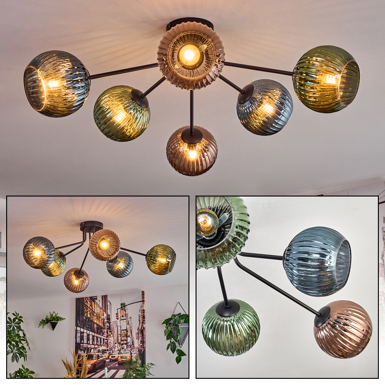 Eine moderne Deckenleuchte mit mehreren Glaskugeln in verschiedenen Farben. Sie ist an einem schwarzen Metallrahmen befestigt, mit hellem Licht.
