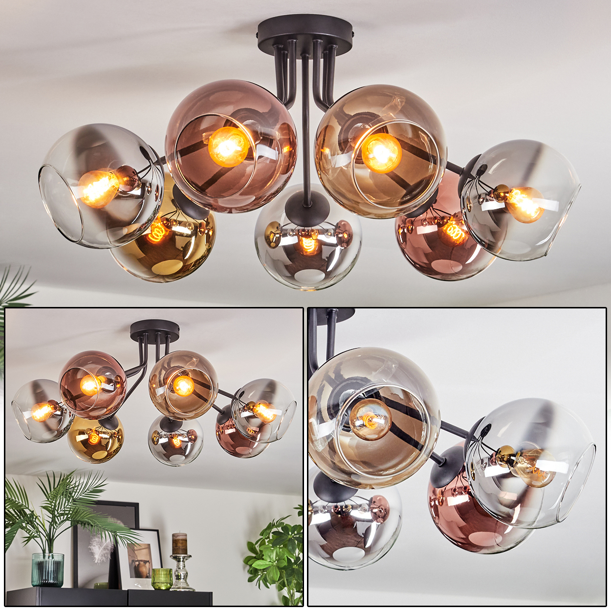 Eine moderne Deckenleuchte mit sieben Glaskugelschirmen in verschiedenen Farben. Die Leuchte hat einen schwarzen Metallrahmen und freiliegende Glühbirnen.