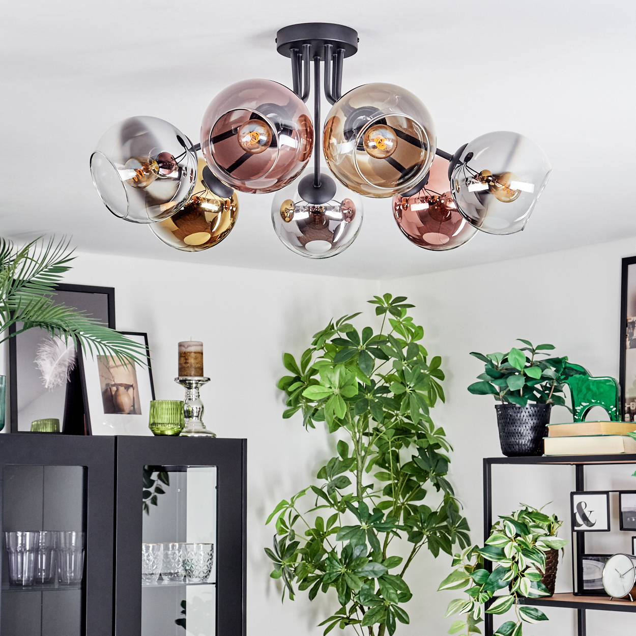 Eine moderne Deckenlampe mit Glaskugeln hängt über einem Raum mit Pflanzen und einem schwarzen Schrank.