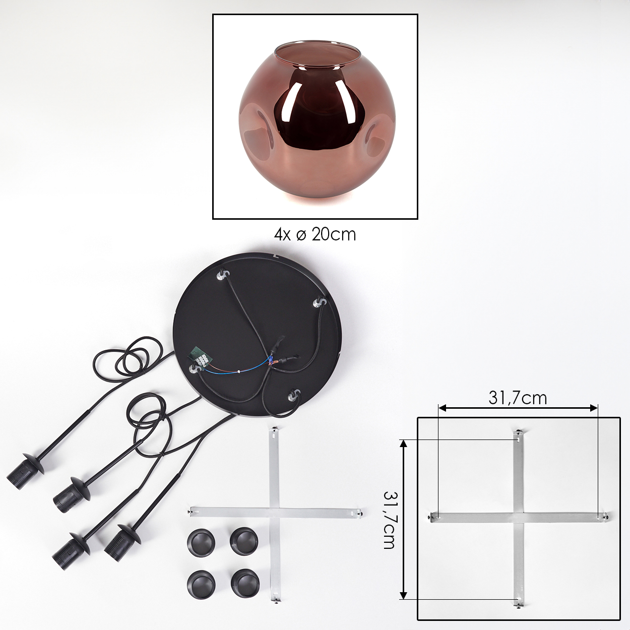 Eine zerlegte Lampe mit brauner Glaskugel, schwarzem Sockel, vier Fassungen, Montageteilen und einem Größen Diagramm.