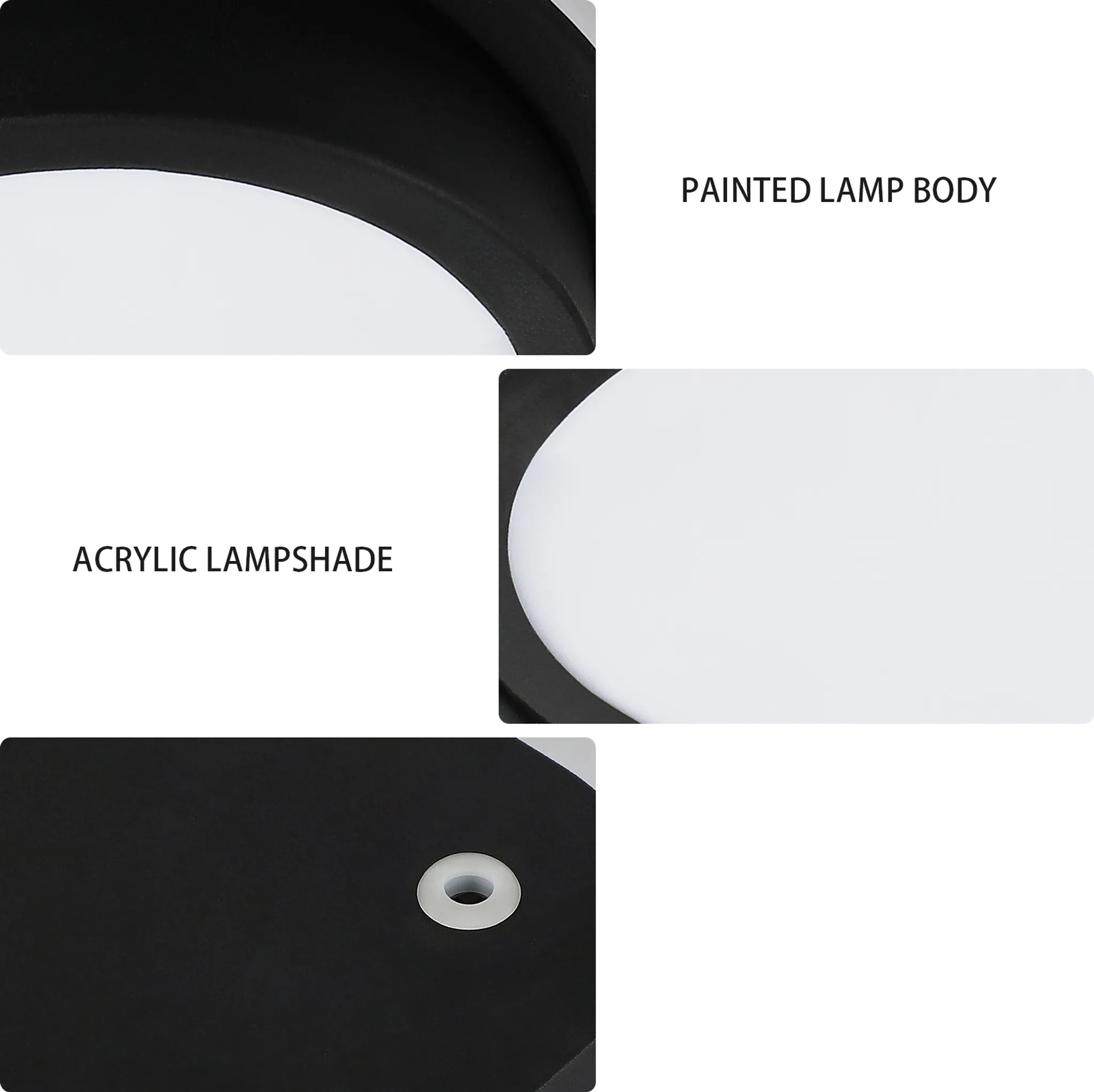 Das Bild zeigt eine Lampe mit einem schwarz lackierten Korpus und einem weißen Acryl-Lampenschirm. Die Lampe hat ein kreisförmiges Design.