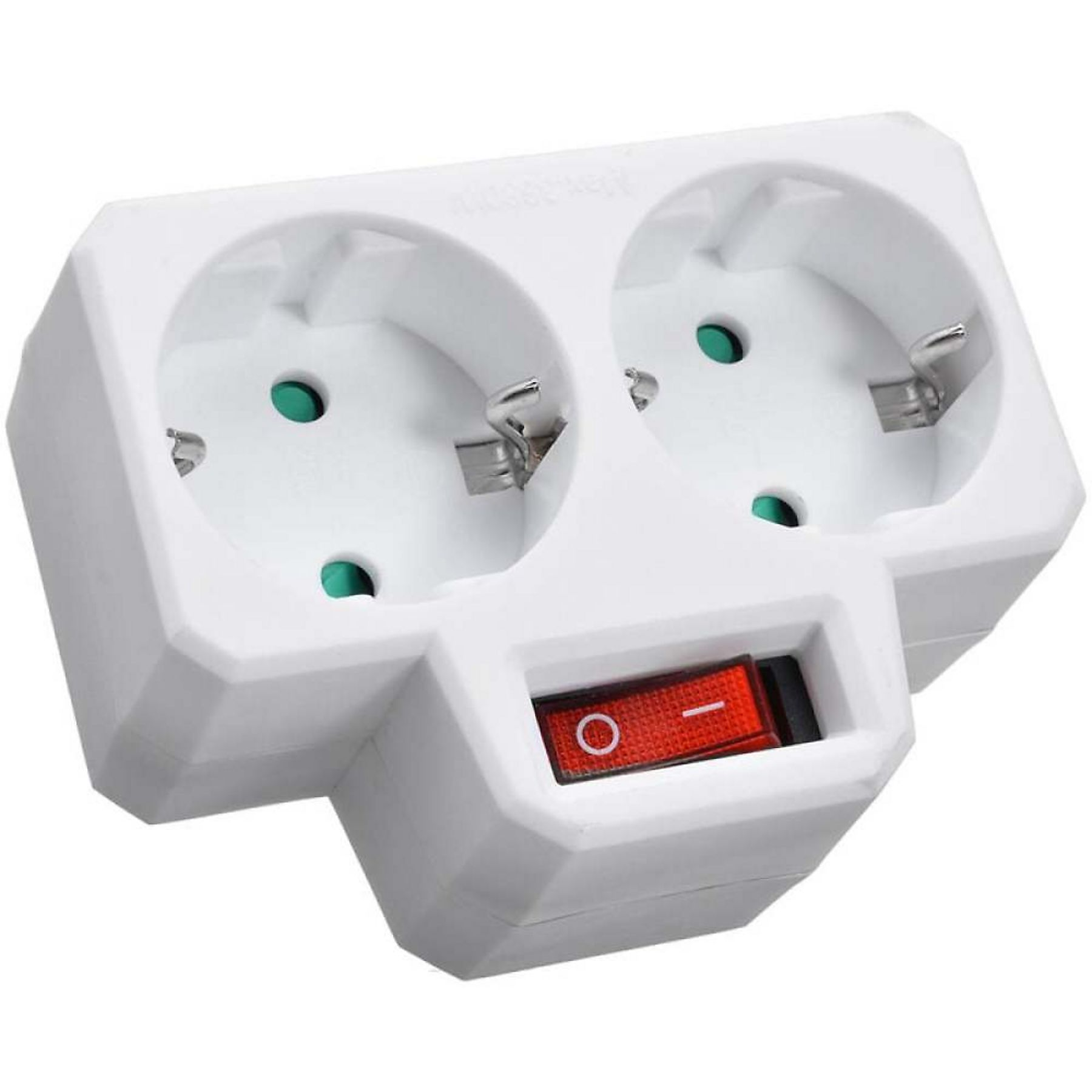 Ein weißer Netzadapter mit zwei Steckdosen und einem roten Schalter. Der Schalter ist eingeschaltet.