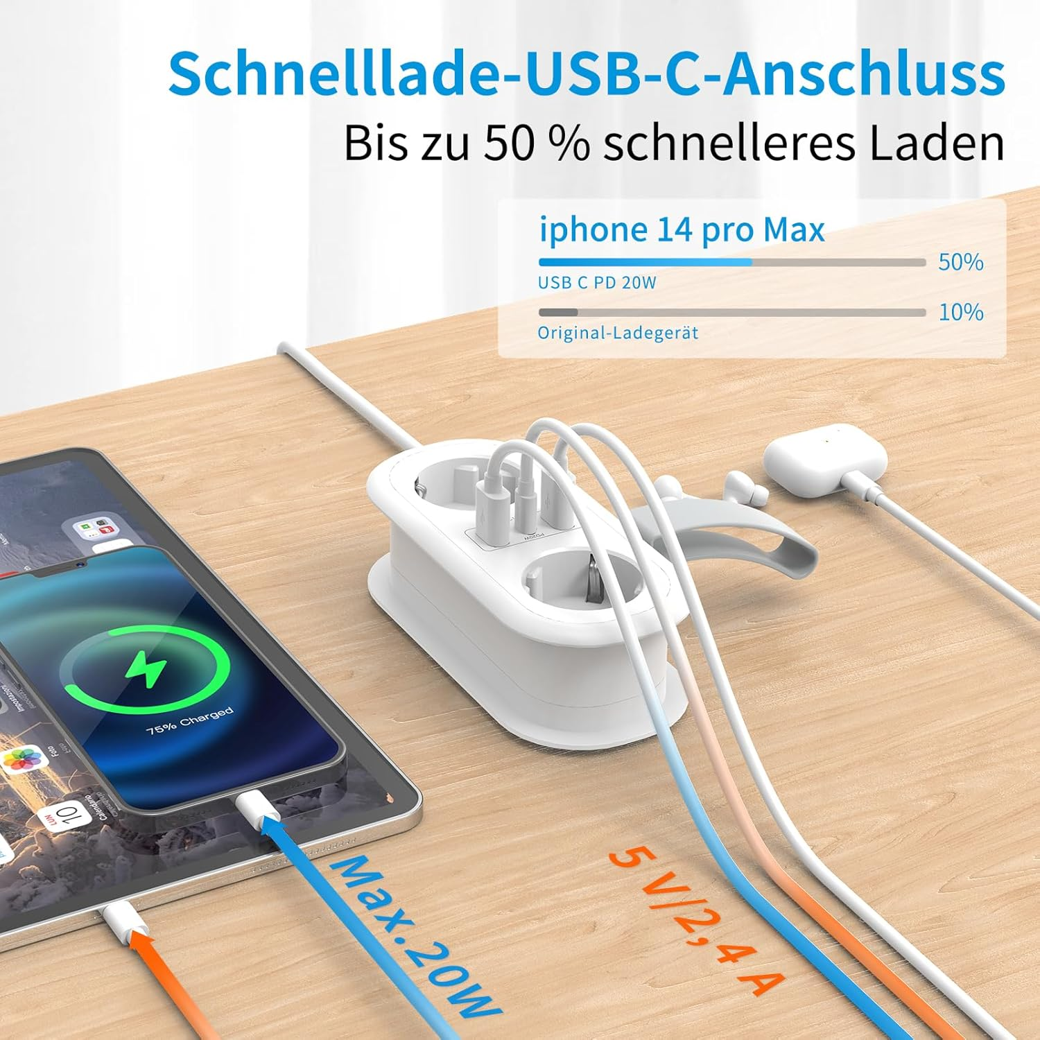 Telefon wird auf einer Holzoberfläche mit Ladegerät und Kabeln aufgeladen. Das Telefon zeigt 75 % geladen.
