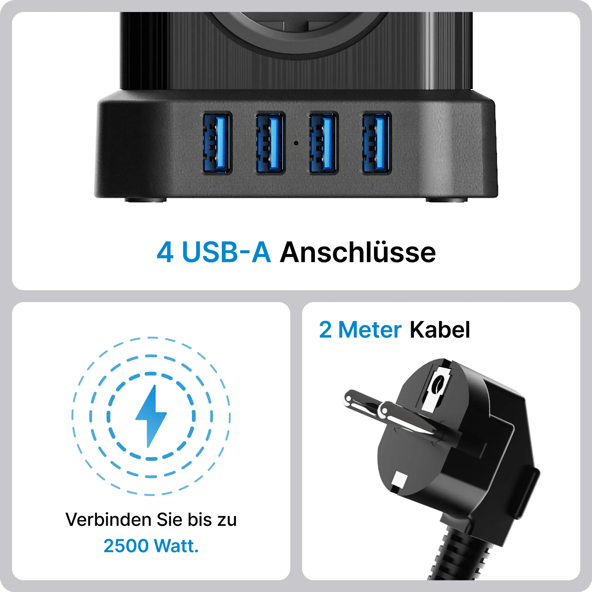 Ein schwarzer USB-Hub mit vier USB-A-Anschlüssen, ein Netzstecker und ein Diagramm mit 2500W Stromanschluss.