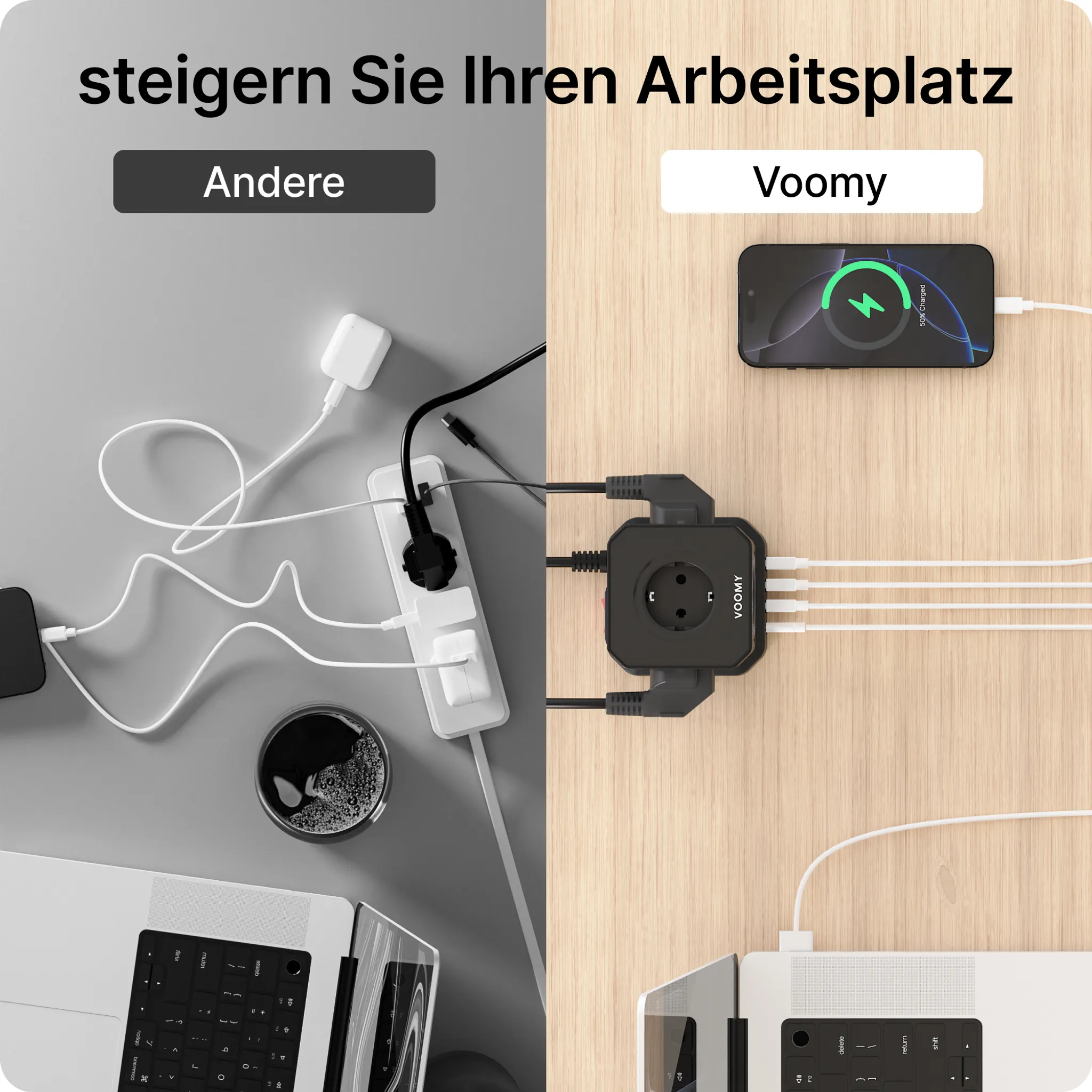 Das Bild zeigt eine geteilte Szene. Links sieht man eine Steckdosenleiste, einen Laptop und eine Tasse. Rechts ein ladendes Telefon und Netzteil.
